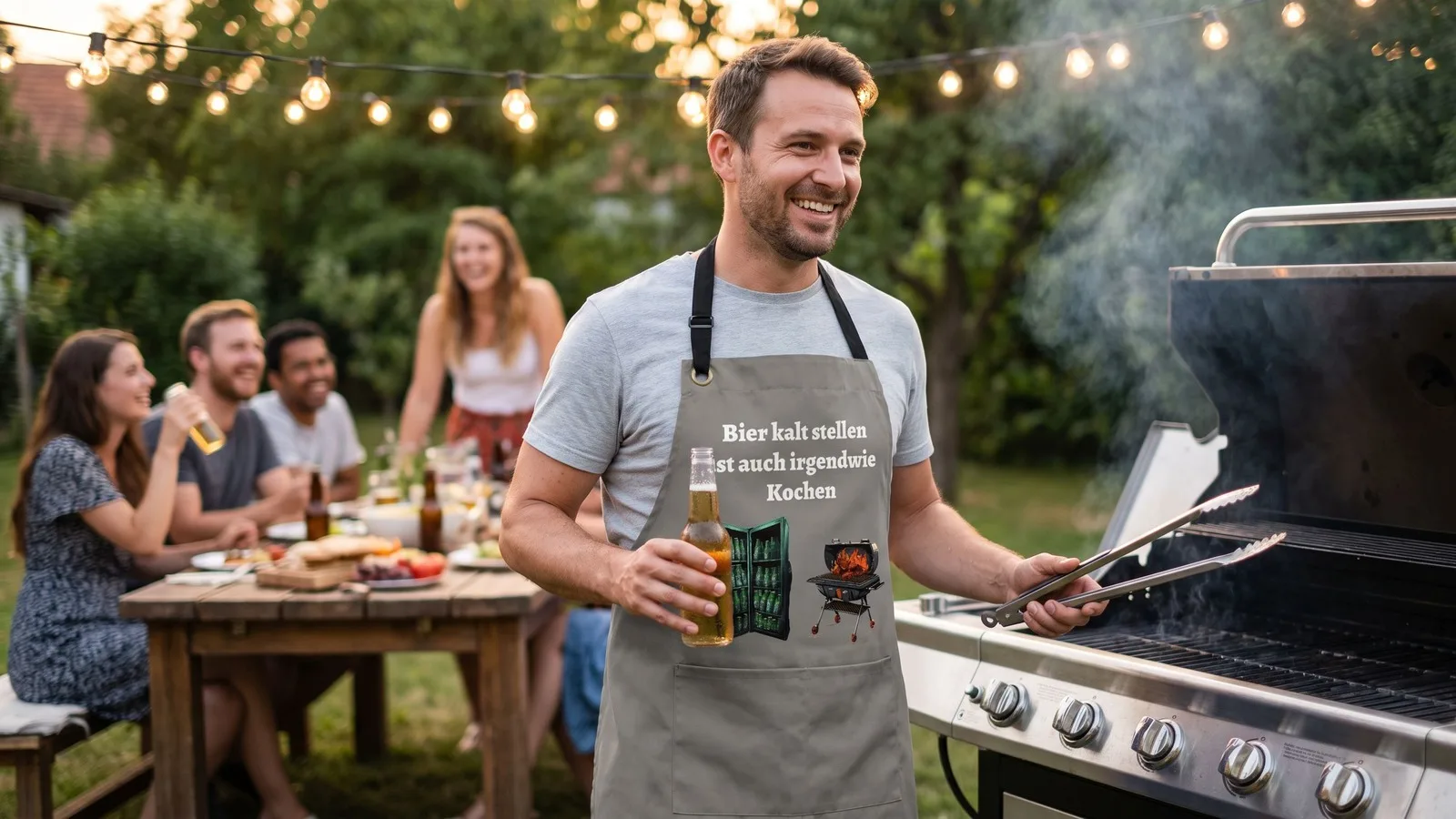Gartenparty am Abend: Mann mit Bier und Grillzange in Schürze mit dem Aufdruck „Bier kalt stellen ist auch irgendwie Kochen“