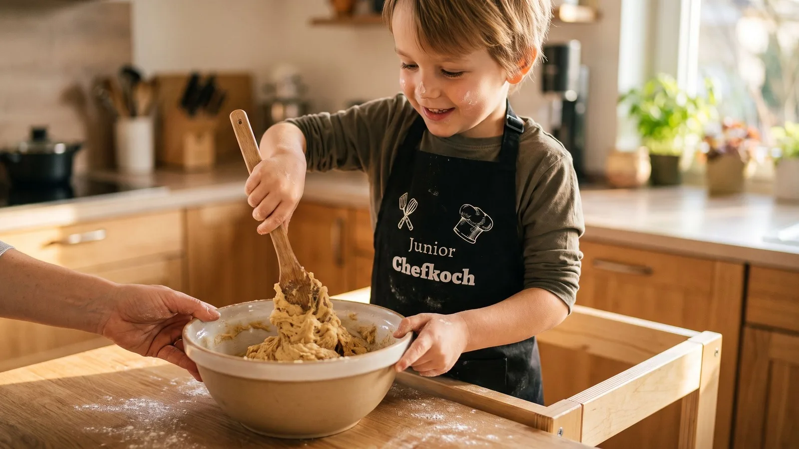 Kind rührt Plätzchenteig auf einem Lernturm, Kinderschürze mit dem Aufdruck „Junior Chefkoch“