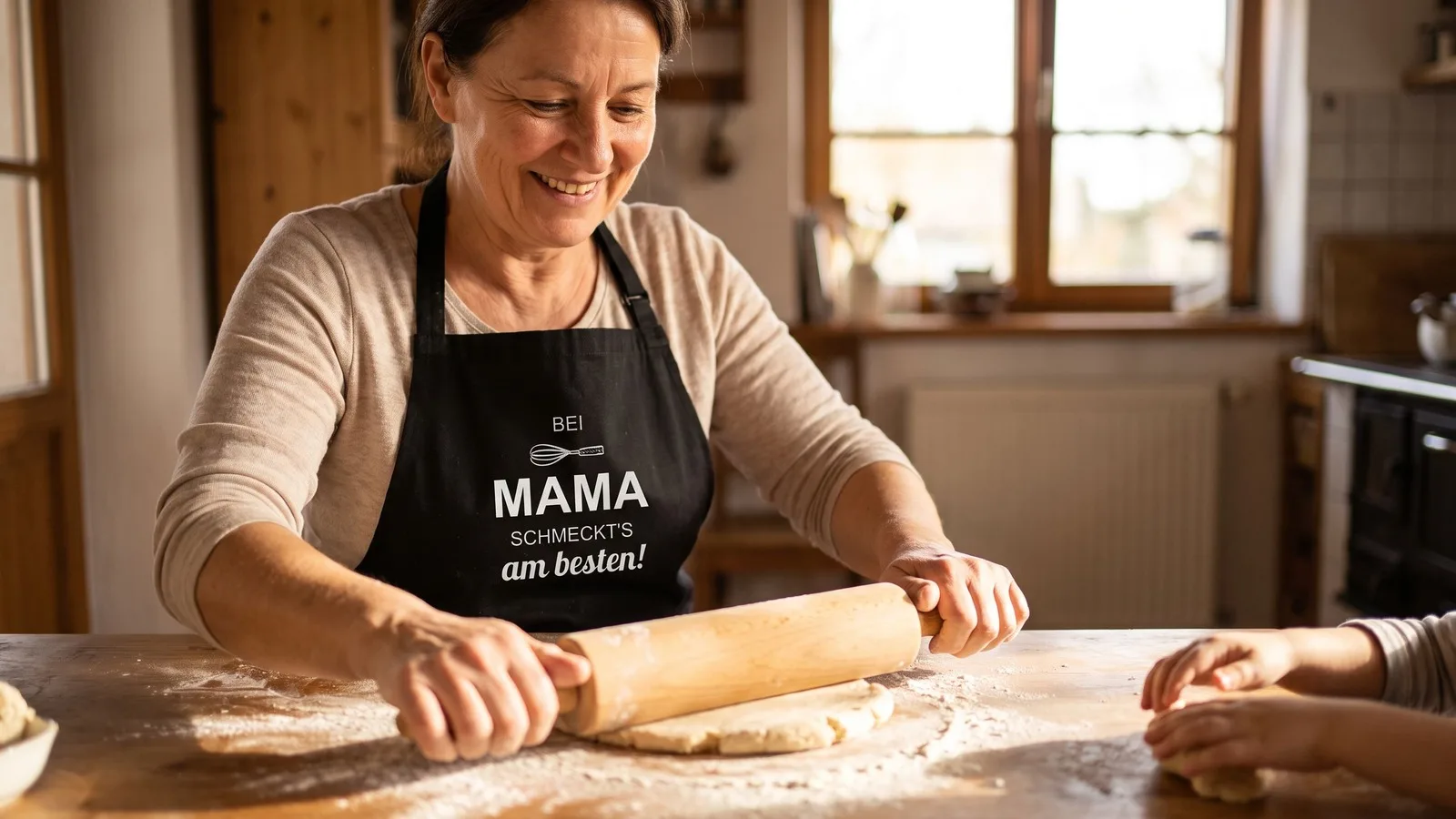 Frau rollt Teig aus, Kochschürze mit dem Aufdruck „bei MAMA schmeckt's am besten“