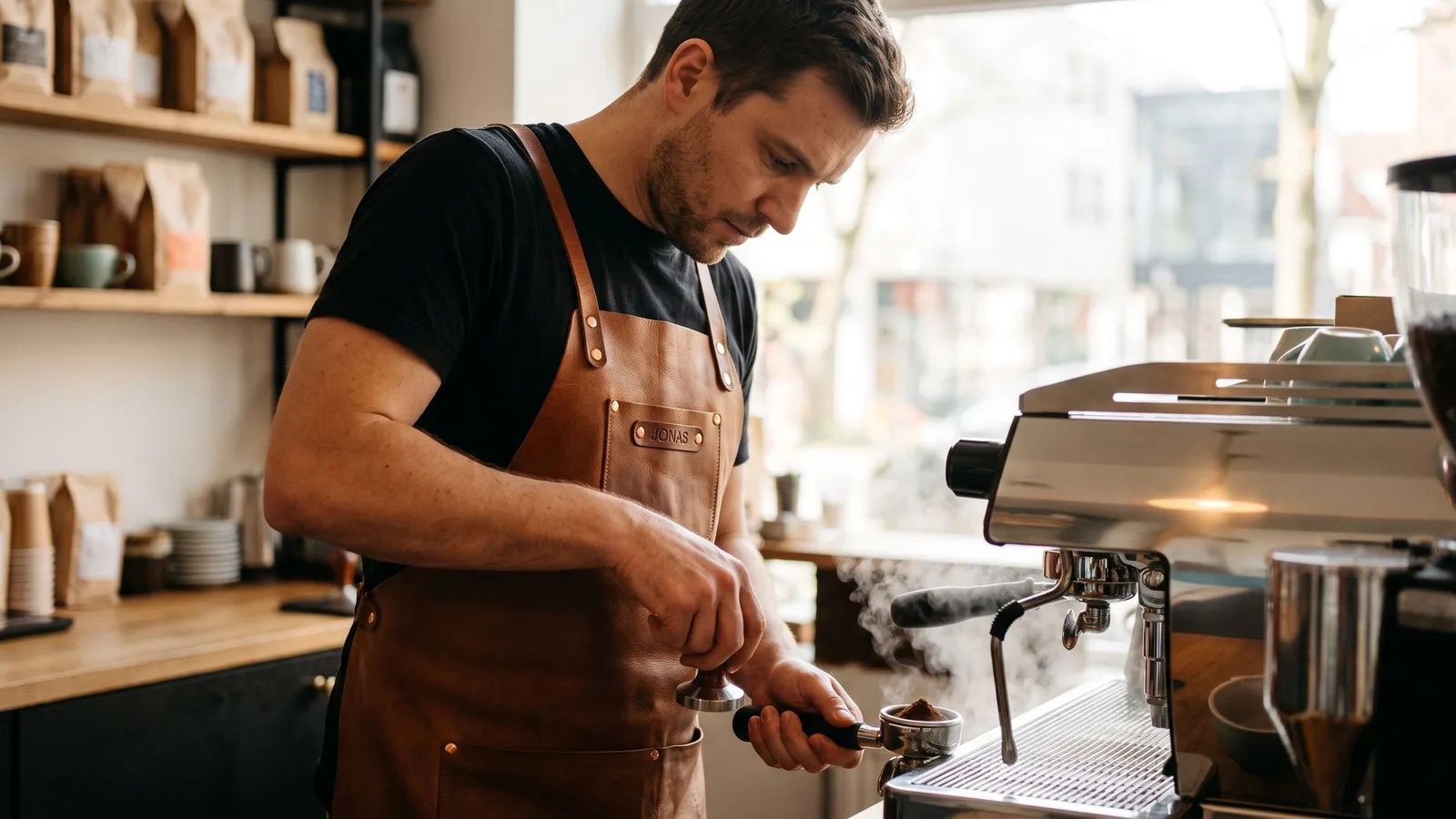 Barista an der Espressomaschine in cognacbrauner Lederschürze mit eingeprägtem Namen „JONAS“