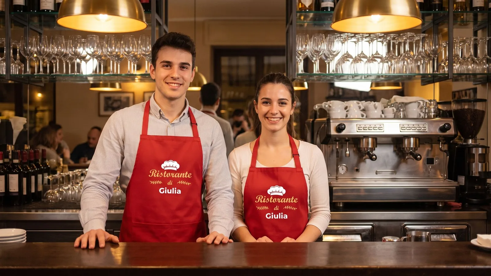 Zwei Servicekräfte hinter der Bar einer Trattoria in roten Schürzen „Ristorante di Giulia“