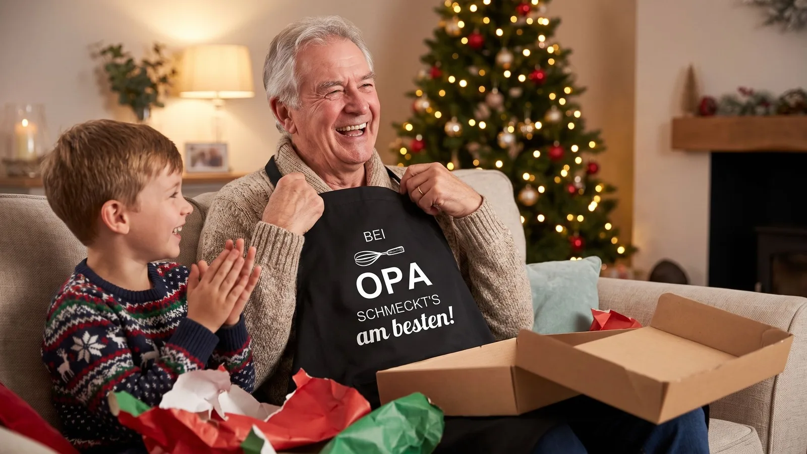 Großvater hält an Heiligabend die ausgepackte Kochschürze „Bei Opa schmeckt's am besten“ hoch