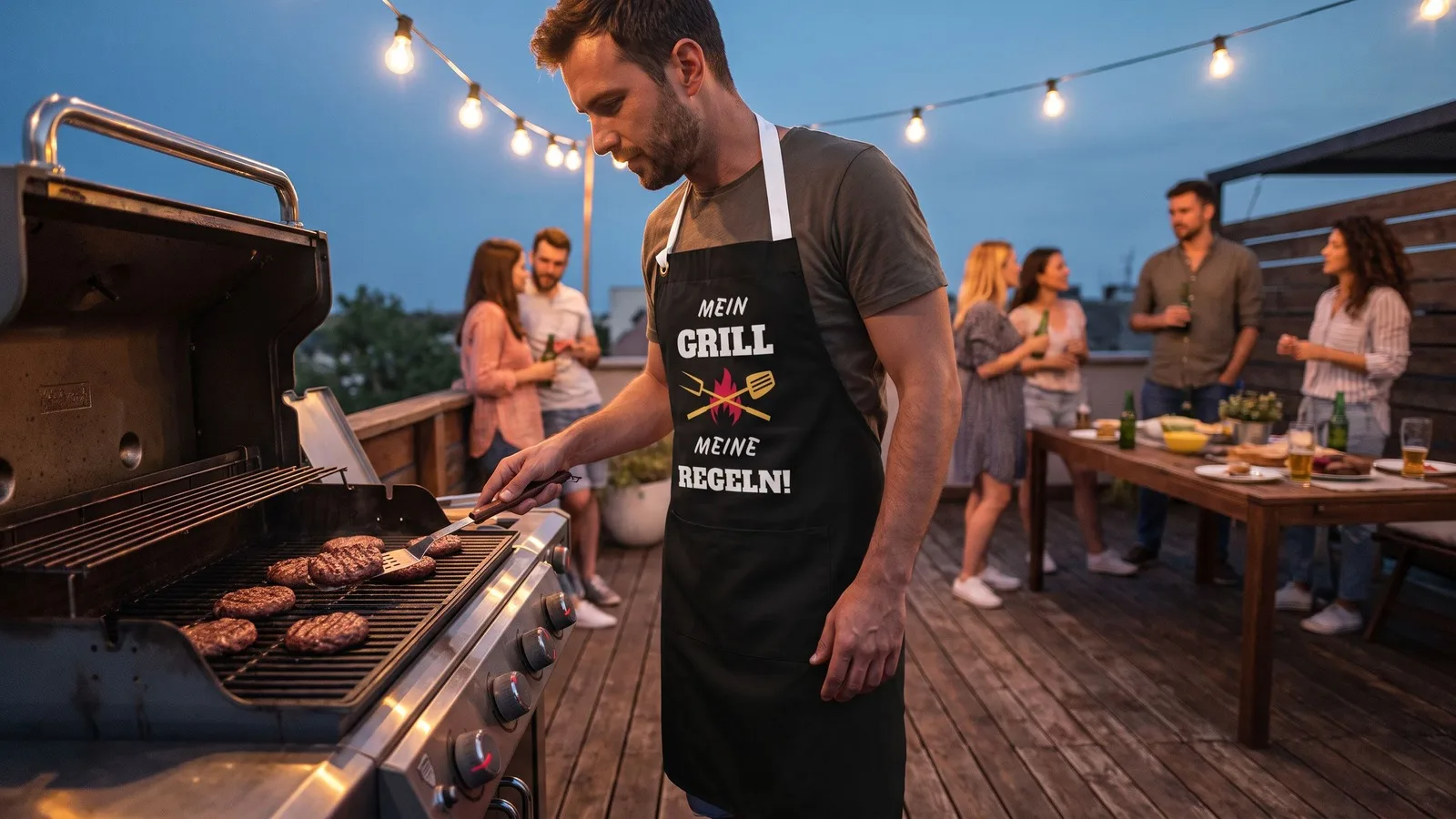 Mann am Gasgrill auf der Terrasse in Grillschürze „Mein Grill, meine Regeln“