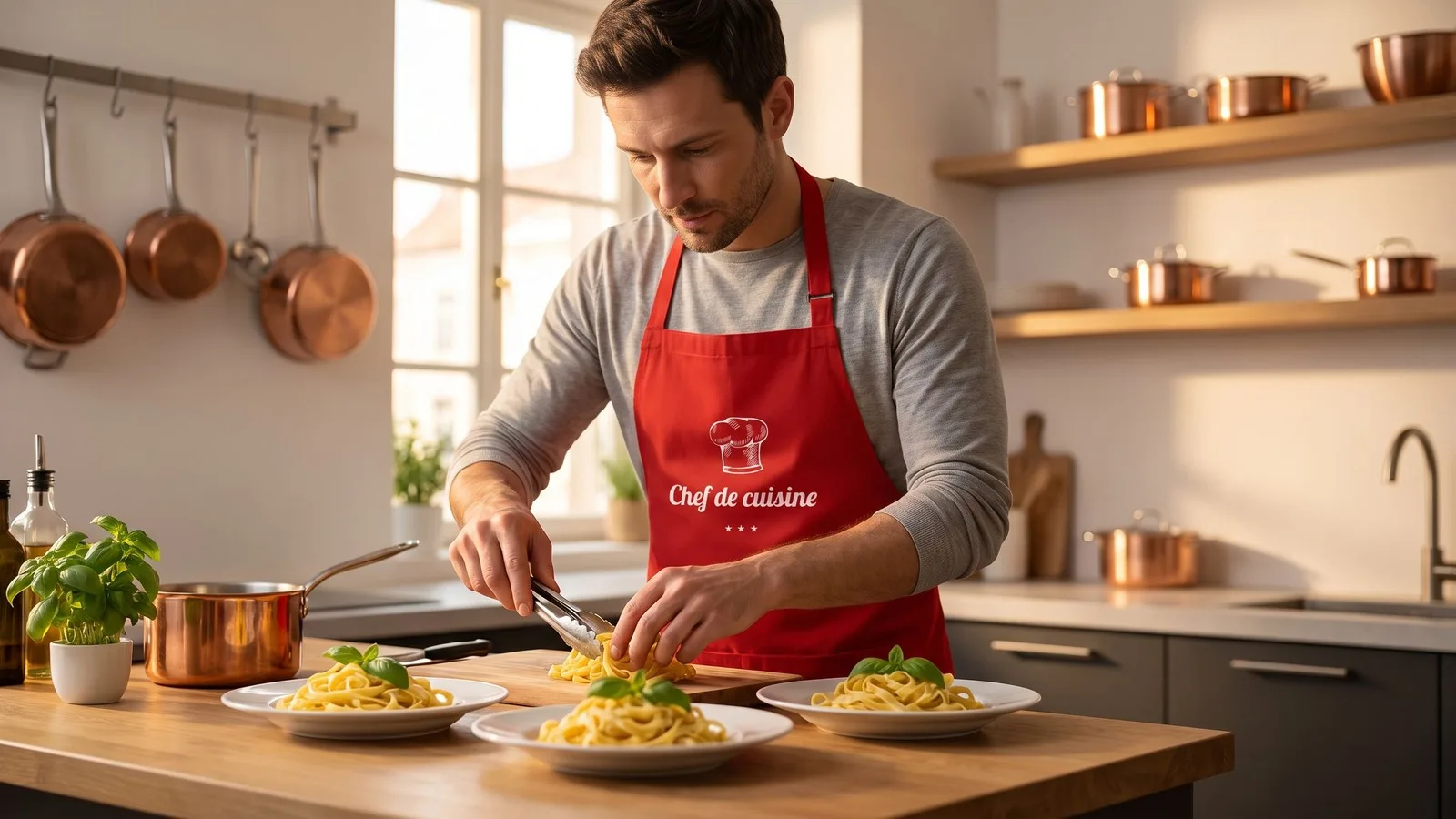 Mann richtet Pasta an, rote Kochschürze „Chef de cuisine“