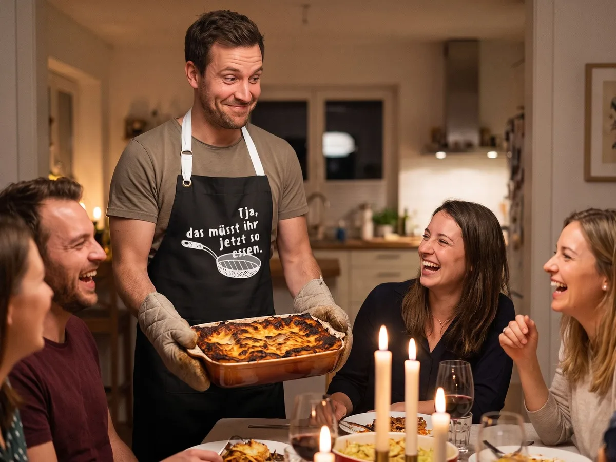 Mann serviert Lasagne in Kochschürze „Tja, das müsst ihr jetzt so essen“