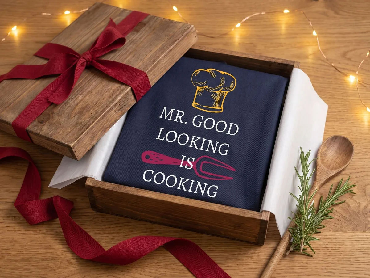 Geschenkbox mit gefalteter Kochschürze „Mr. Good Looking is Cooking“