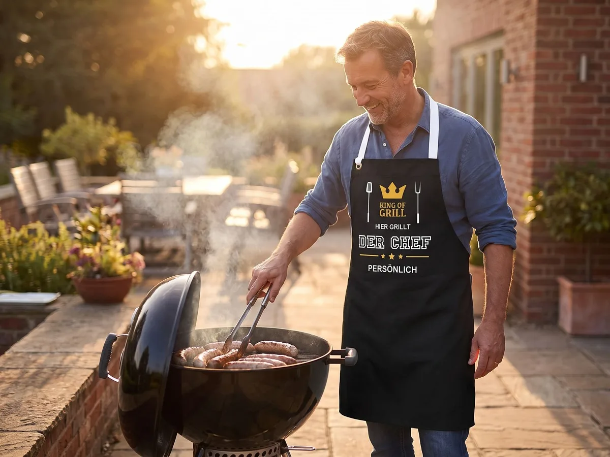 Mann am Kugelgrill in Grillschürze „Hier grillt der Chef persönlich“