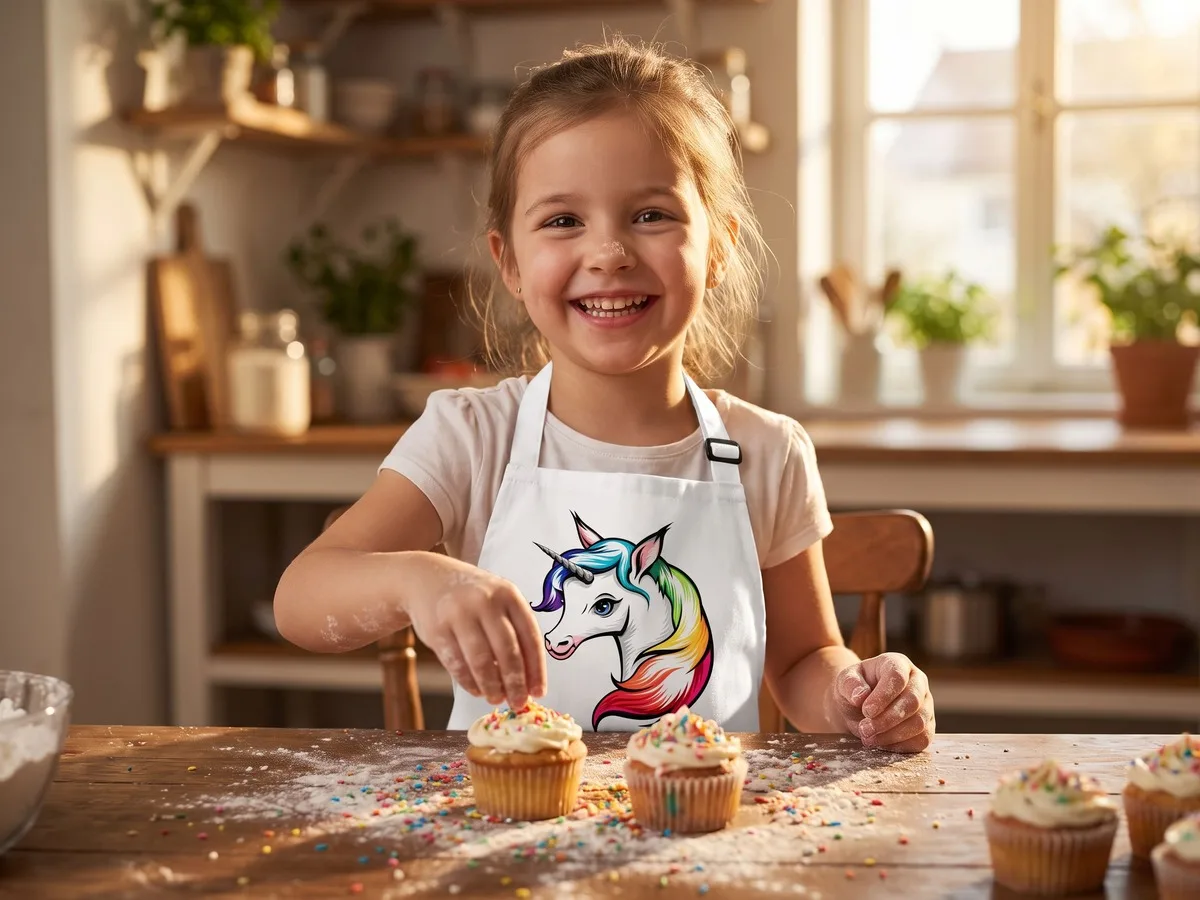 Mädchen verziert Cupcakes in Kinderschürze mit Einhorn