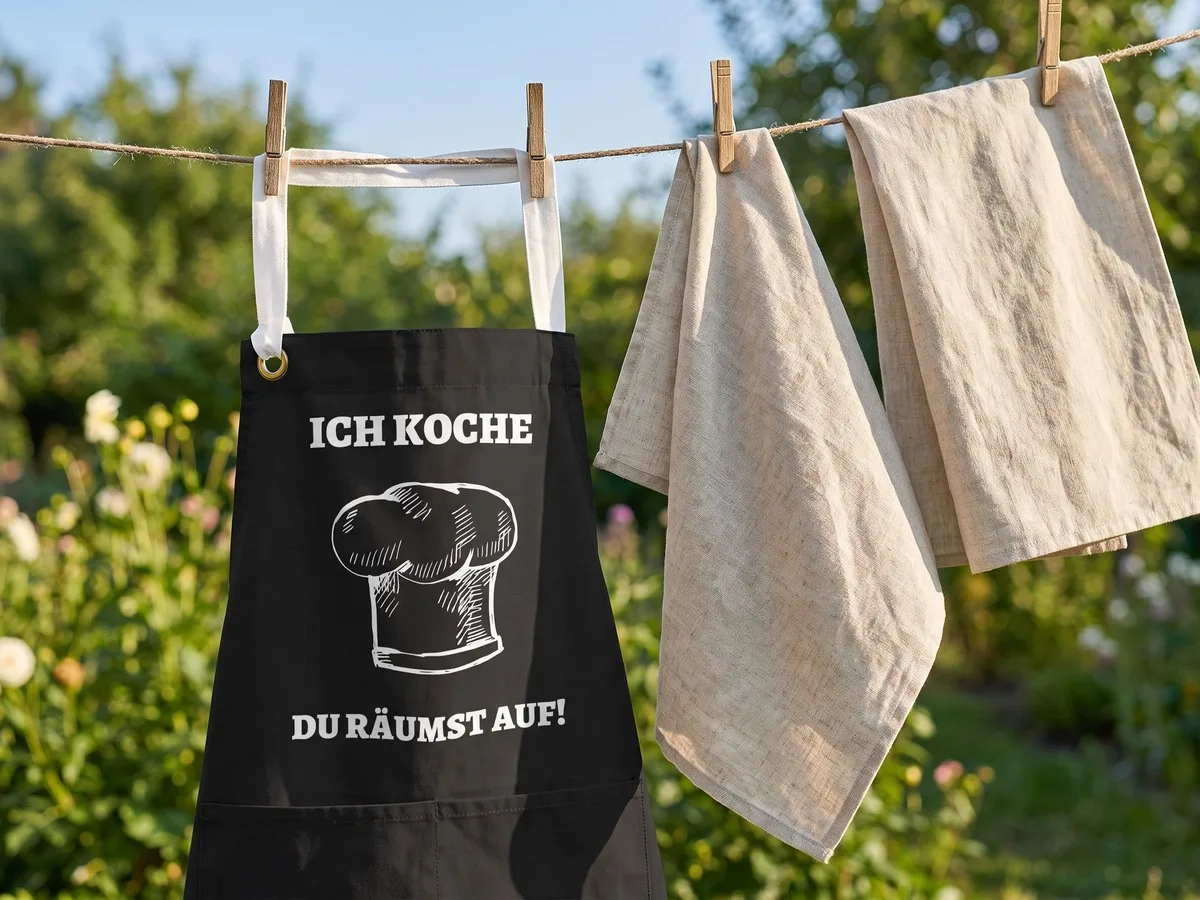Gewaschene Schürze „Ich koche, du räumst auf“ an der Wäscheleine