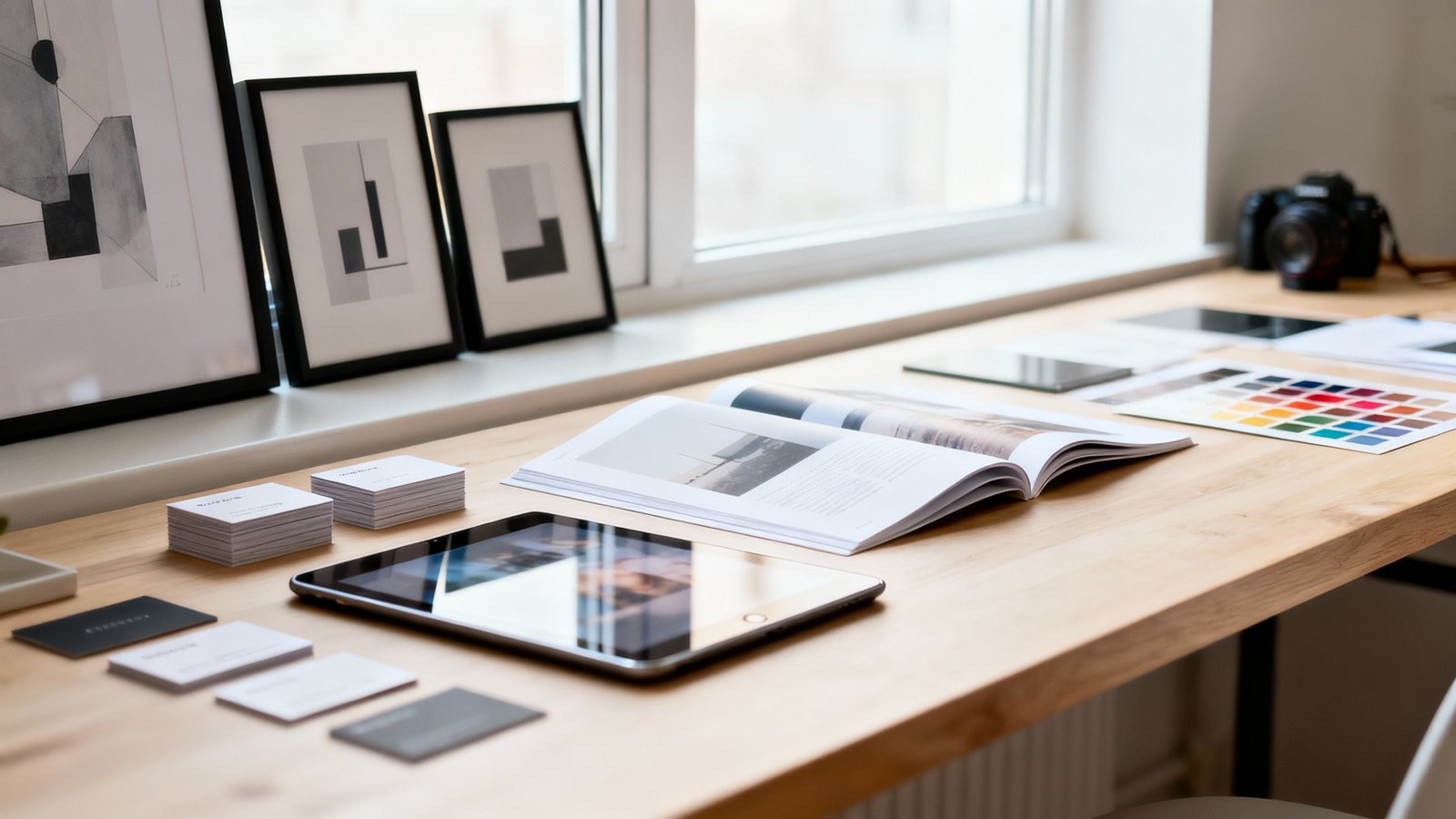 Portfolio-Display auf hellem Schreibtisch mit gerahmten Drucken, Broschüren und Farbmustern bei natürlichem Fensterlicht