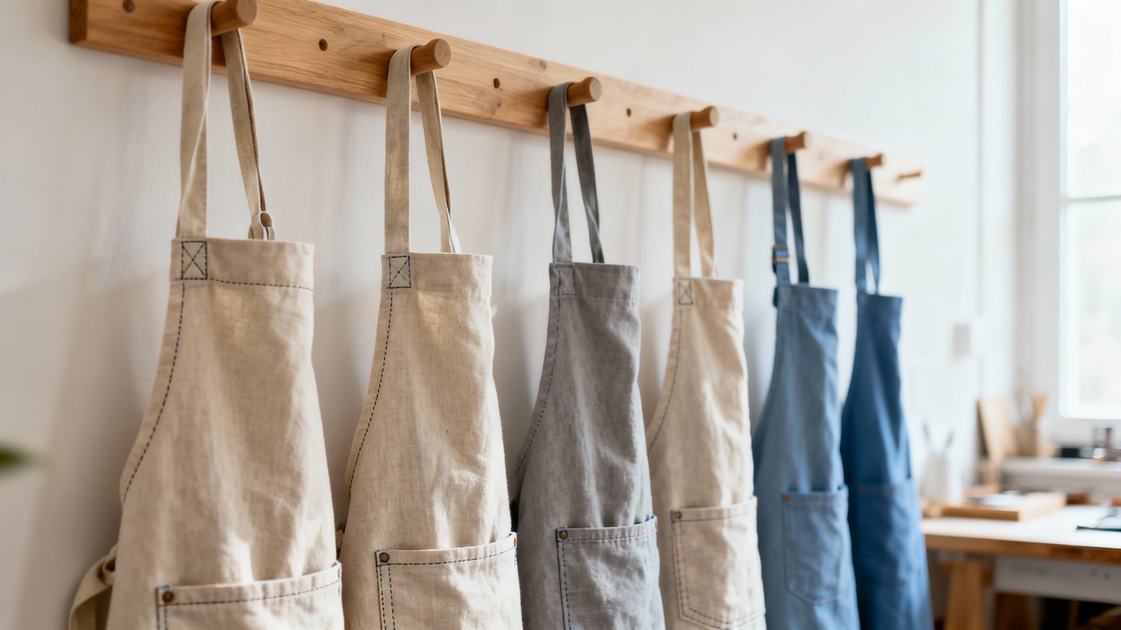 Baumwollschürzen – weicher Stoff und praktische Pflege Nahaufnahme von hängenden Baumwollschürzen in neutralen Farben, weiche Textur und sichtbare Nähte