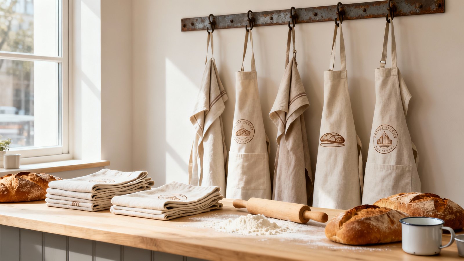 Bedruckte Bäckerei-Schürzen auf heller Holztheke Mehrere bedruckte Bäckerschürzen sauber arrangiert auf einer hellen Holztheke neben frischen Backwaren und Backutensilien