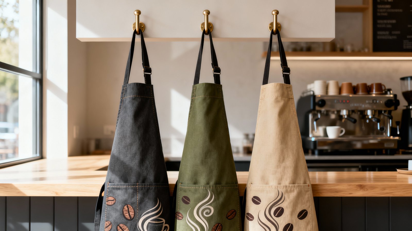 Drei farblich abgestimmte Schürzen mit dezenten Kaffeemotiven aufgehängt über einer hellen Holztheke in einem modernen Café