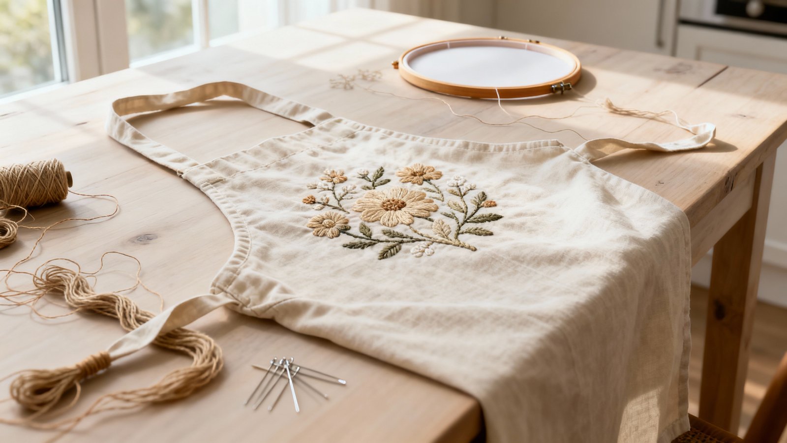 Nahaufnahme einer bestickten Baumwollschürze auf Holztisch mit Stickrahmen, Garn und Nähwerkzeugen im Tageslicht
