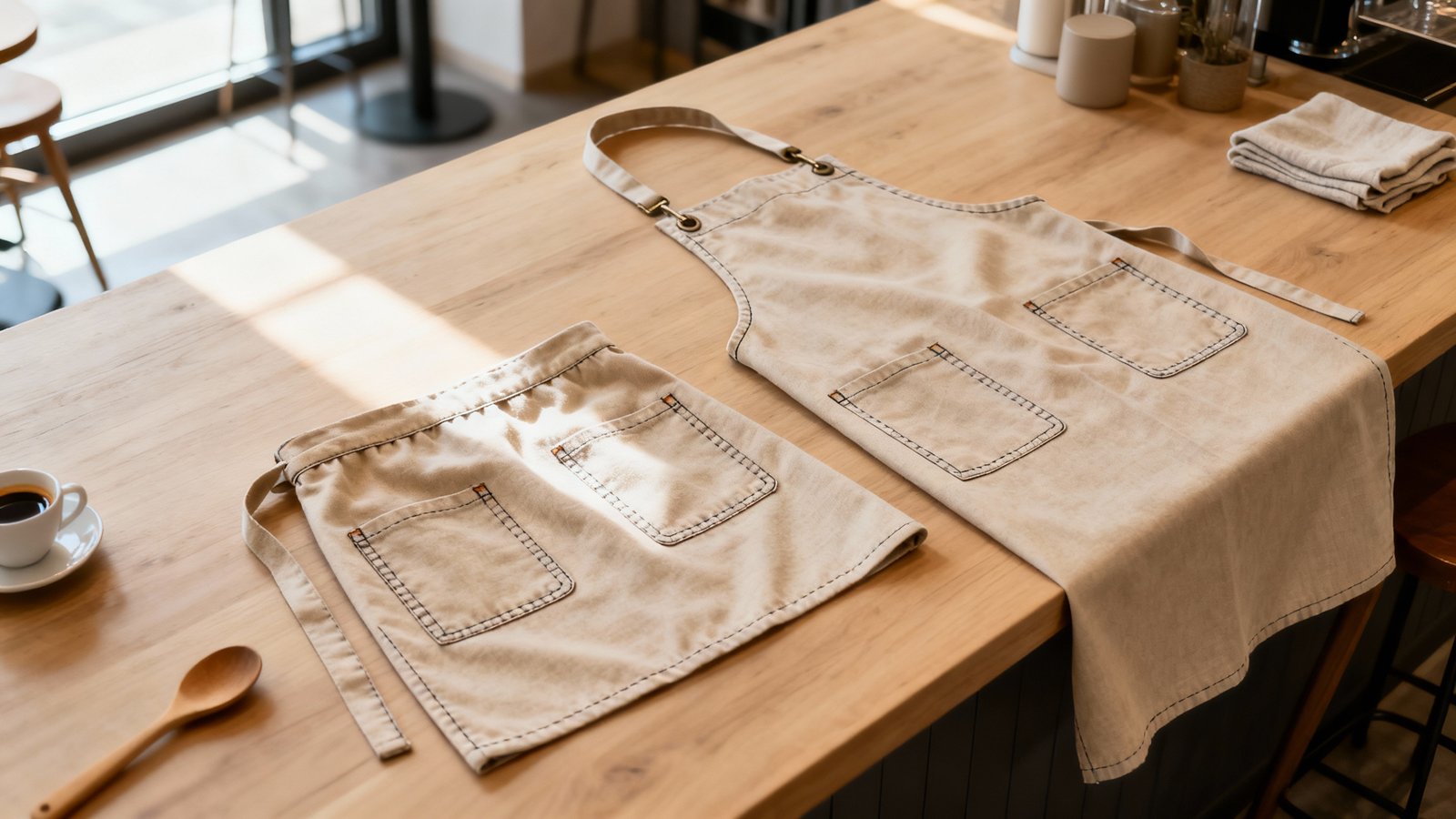 Bistroschürze und Vorbinder nebeneinander Zwei Schürzen auf hellem Holztisch, eine kurze Bistroschürze und ein langer Vorbinder bei natürlicher Fensterbeleuchtung