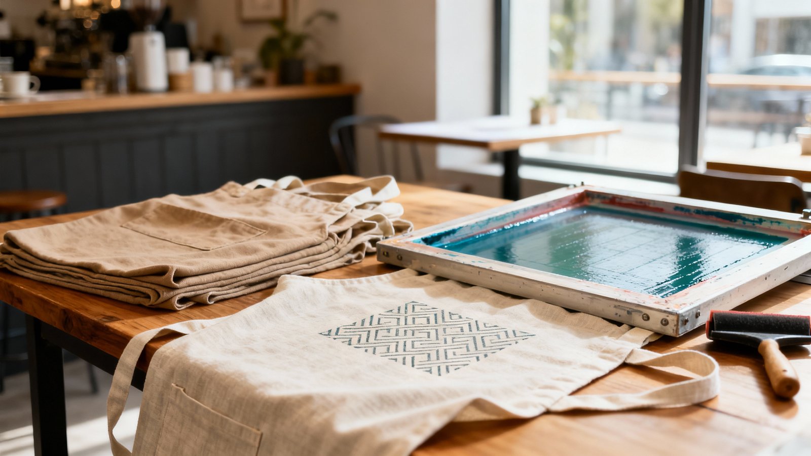 Nahaufnahme von neutralen Bistroschürzen auf Holztisch mit Siebdruckrahmen und frischer Textilfarbe im natürlichen Licht