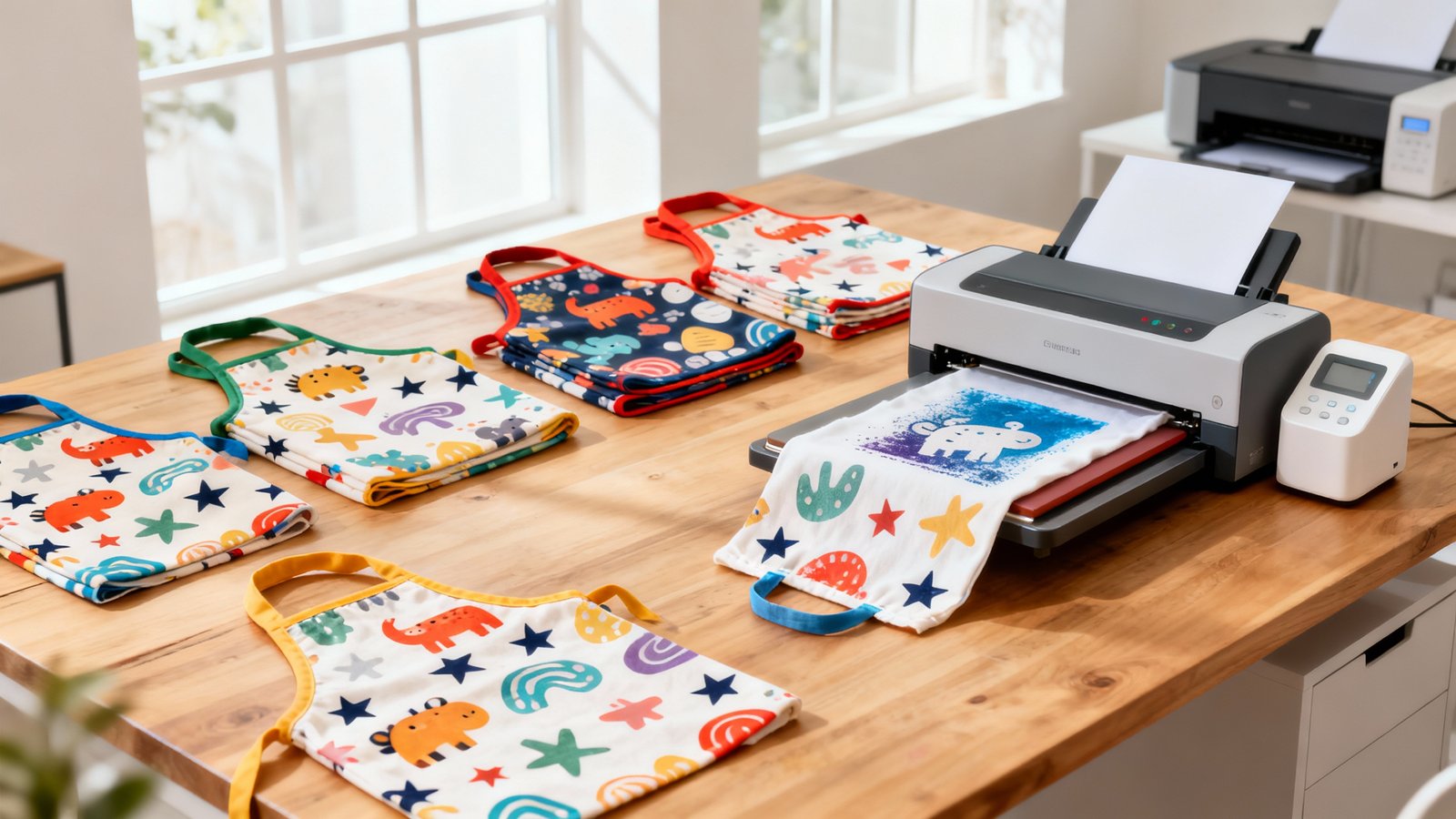 Bunte Kinderschürzen mit kindlichen Motiven auf hellem Holztisch neben einer markenlosen Wärmepresse bei sanftem Tageslicht
