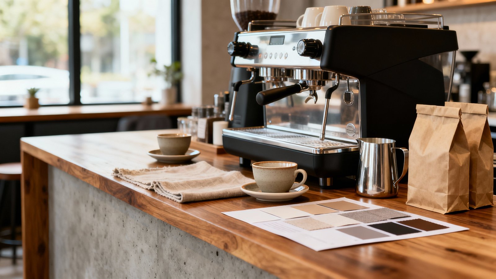Helle Café-Theke mit Siebträgermaschine, Tassen, Holzoberflächen und Materialmustern in natürlichem Licht