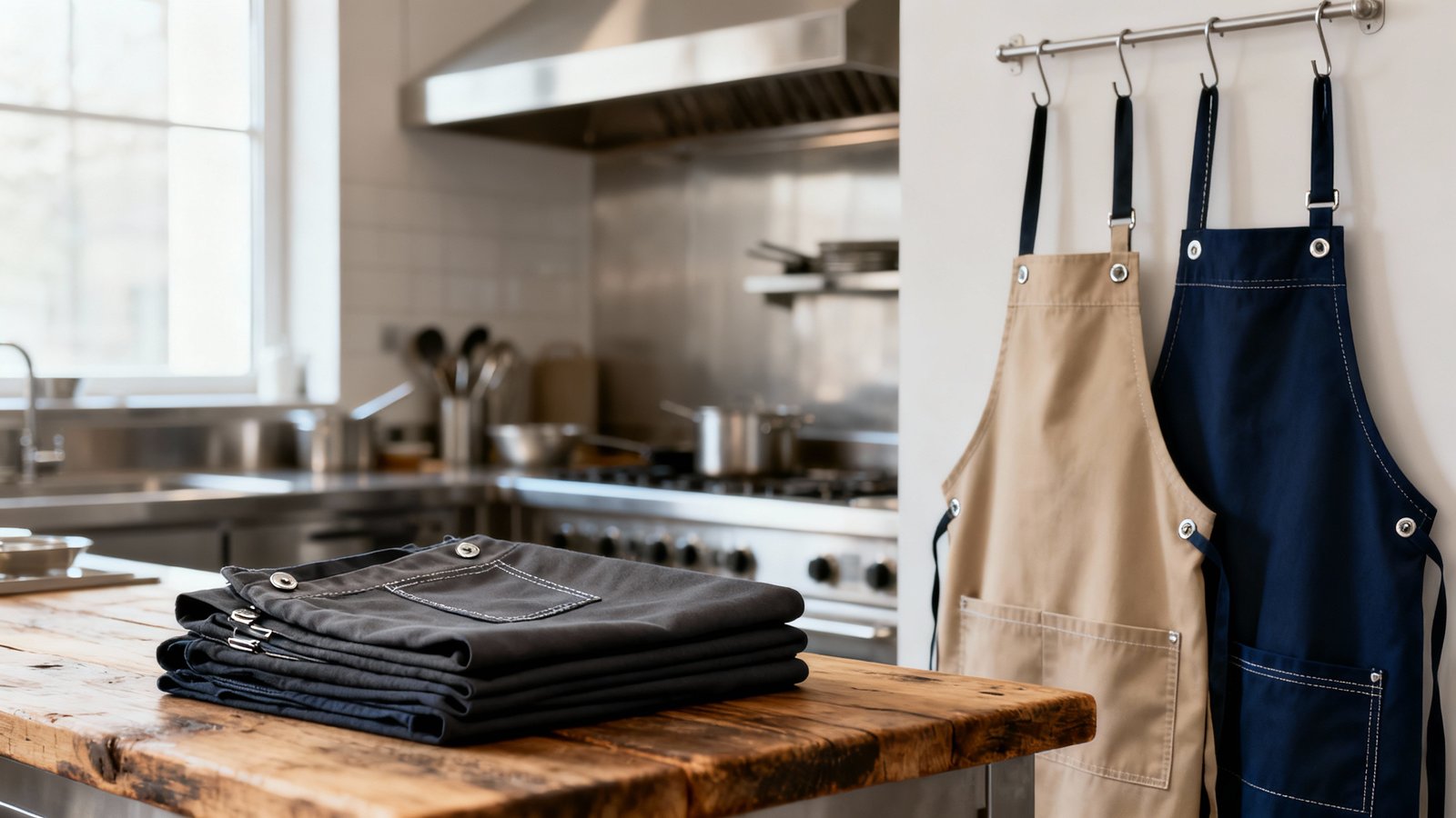 Mehrere Catering‑Schürzen in neutralen Tönen liegen ordentlich gefaltet auf einem Holztisch vor einer hellen Profi-Küche