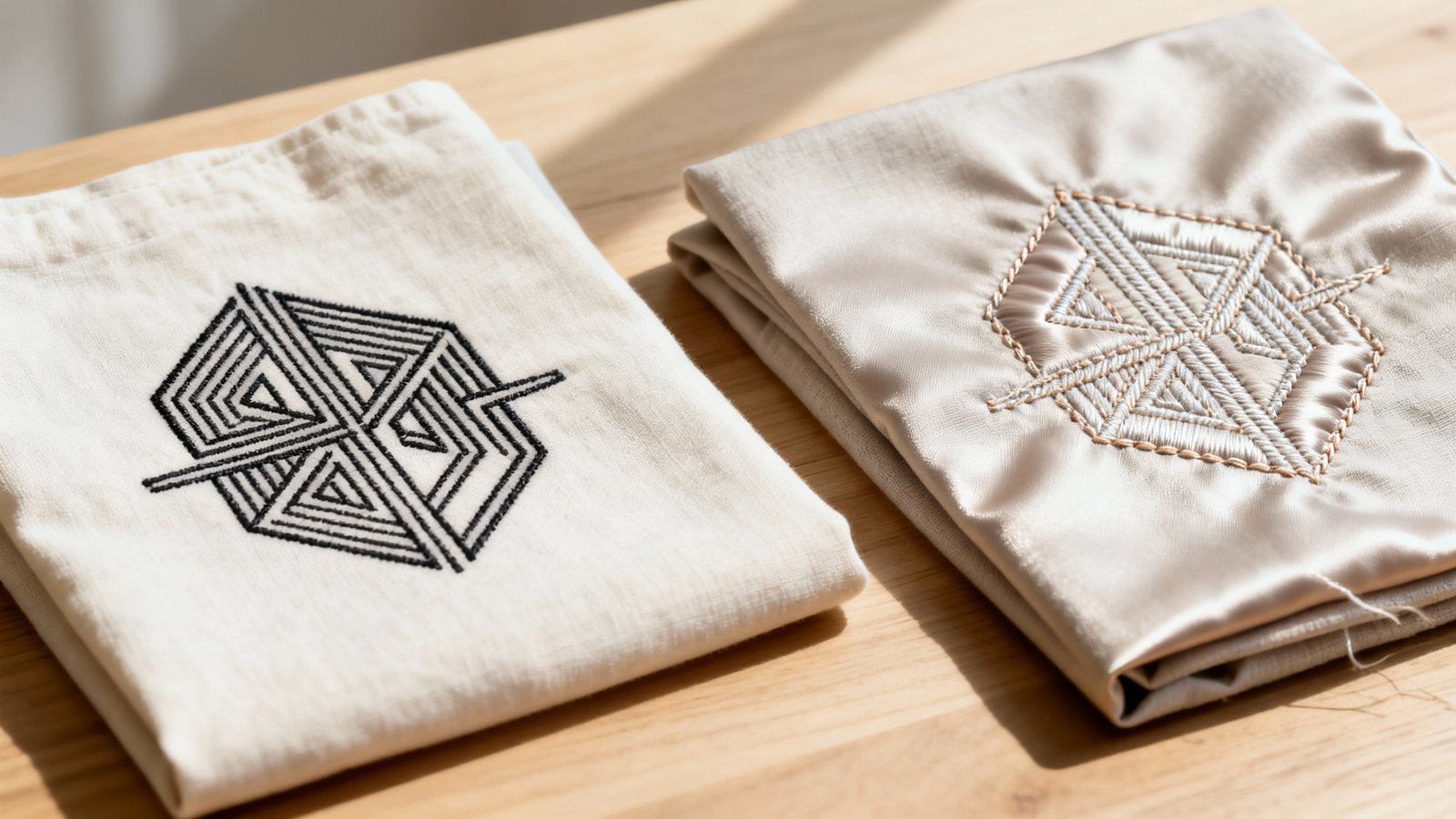 Druck und Stick im Detail – Texturen vergleichen Nahaufnahme von zwei Stoffmustern nebeneinander: glatte Druckfläche links und strukturierte Stickerei rechts ohne Logos