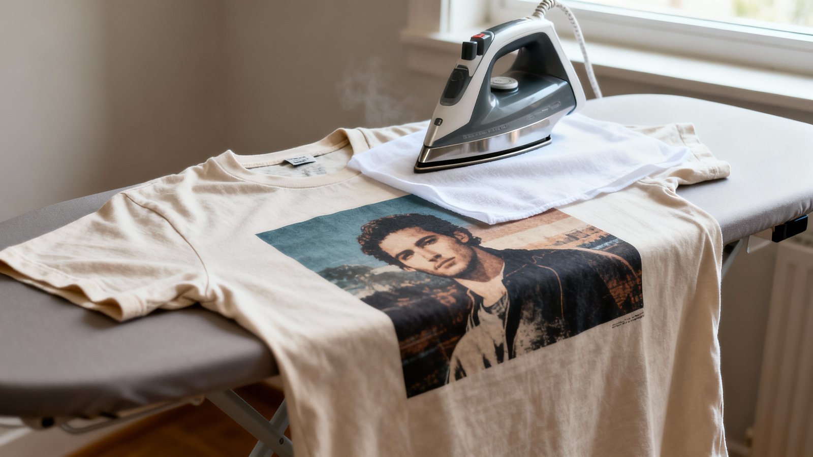 Drucke beim Bügeln schützen mit Bügeltuch Bedrucktes T‑Shirt auf Bügelbrett, darüber ein dünnes Bügeltuch und ein modernes Dampfbügeleisen als Schutz