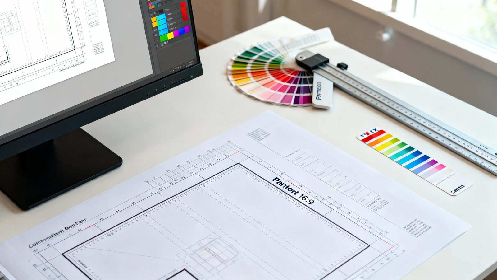 Nahaufnahme eines Schreibtischs mit druckfertigen Bögen, Schnittmarken, Beschnittzugabe, CMYK-Farbskala und Farbfächer