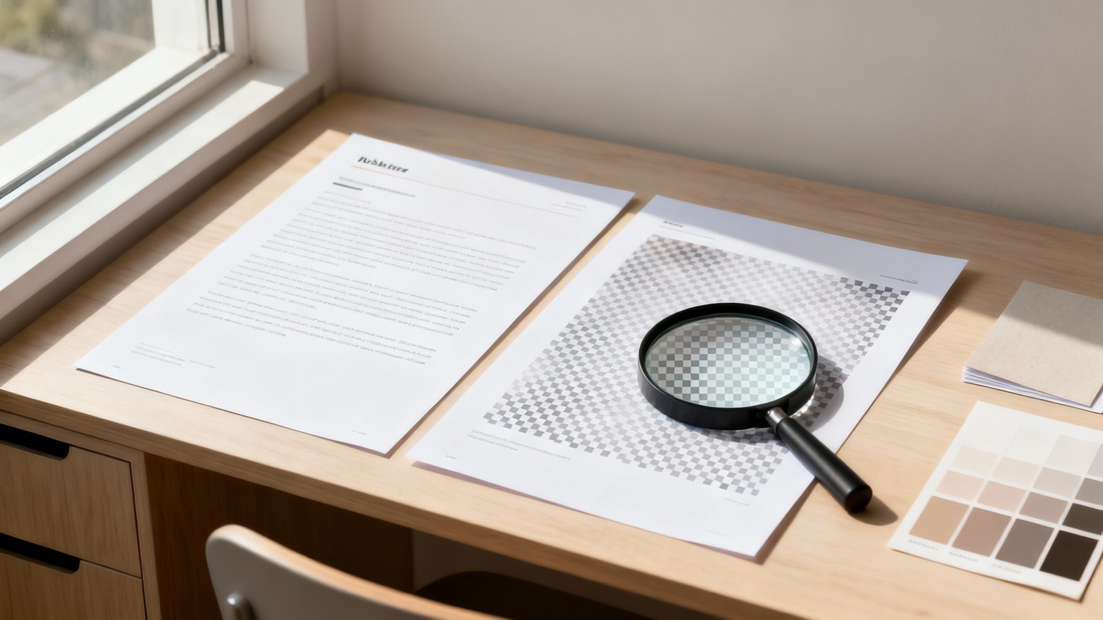 Nahaufnahme zweier Druckproben auf Papier mit scharfen Vektorformen links und leicht pixeligem Rasterbild rechts