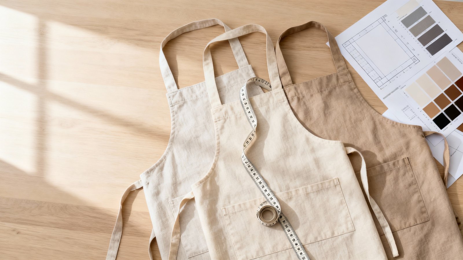 Flachgelegte Schürzen in verschiedenen Größen auf hellem Holztisch mit Maßband, Stoffmustern und Vorlagen für den Druck