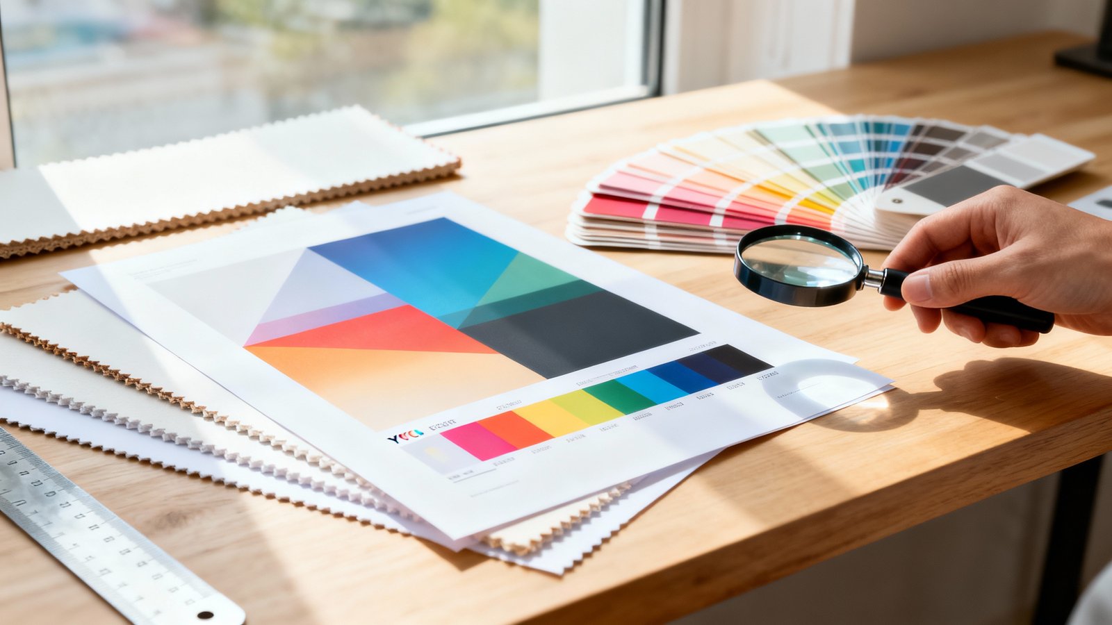 Druckmuster, Farbskalen und Papierproben auf hellem Tisch mit Lupe und Lineal zur Überprüfung von Farben und Lesbarkeit