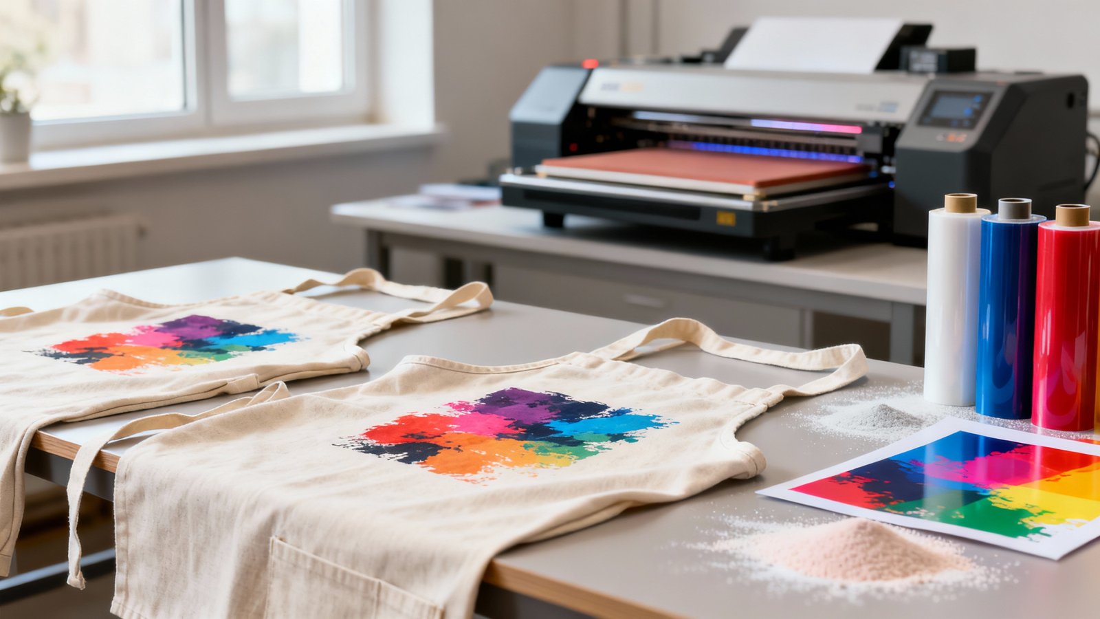 Fotorealistische Nahaufnahme mehrerer bedruckter Schürzen und DTF-Transferfolien auf sauberem Arbeitstisch bei natürlichem Licht