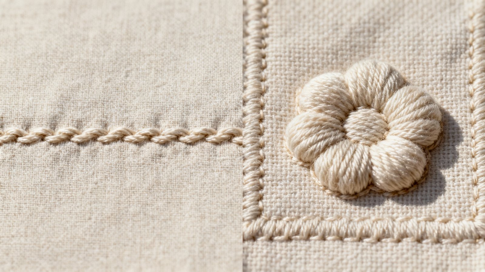 Nahaufnahme zweier Stoffproben nebeneinander, links flacher Stick, rechts erhabener 3D-Puff-Stick bei natürlicher Beleuchtung