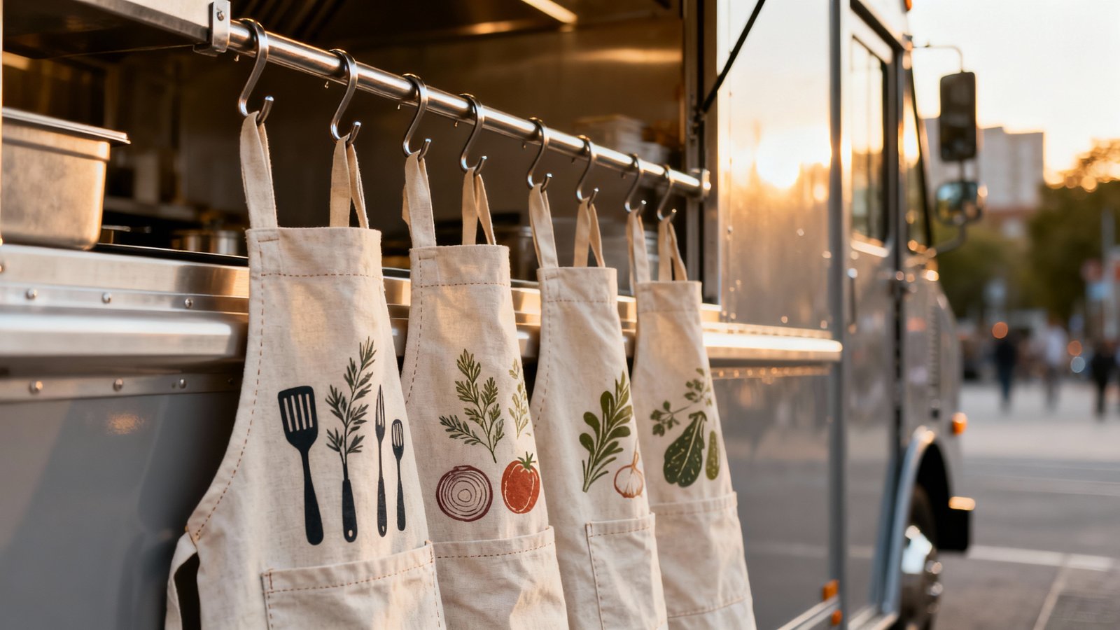 Drei bedruckte Foodtruck-Schürzen aus Baumwolle hängen an Metallhaken am Truck, Stoffstruktur und Farben deutlich sichtbar
