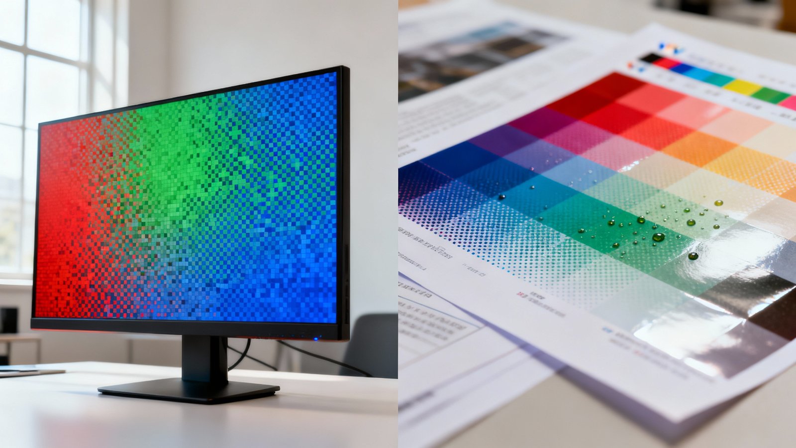 Fotorealistischer Header: Detailaufnahme von RGB- und CMYK-Farbsystemen Nahaufnahme eines Monitors mit sichtbaren RGB-Pixeln links und eines gedruckten CMYK-Farbcharts rechts bei natürlichem Licht