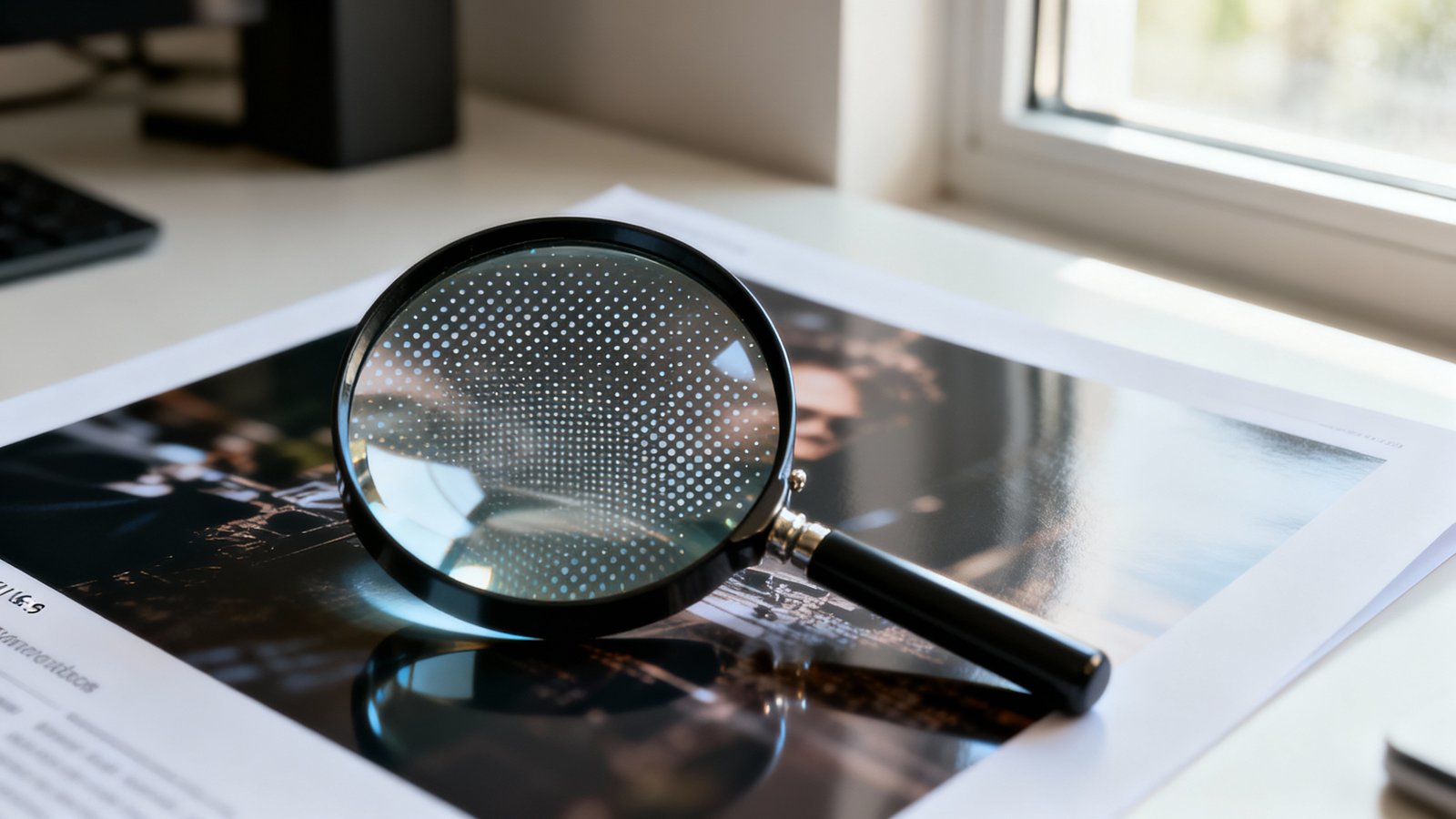 Makroaufnahme eines scharf gedruckten Fotos auf glänzendem Papier mit Lupe am Rand und natürlichem Lichteinfall, sauberer Hintergrund
