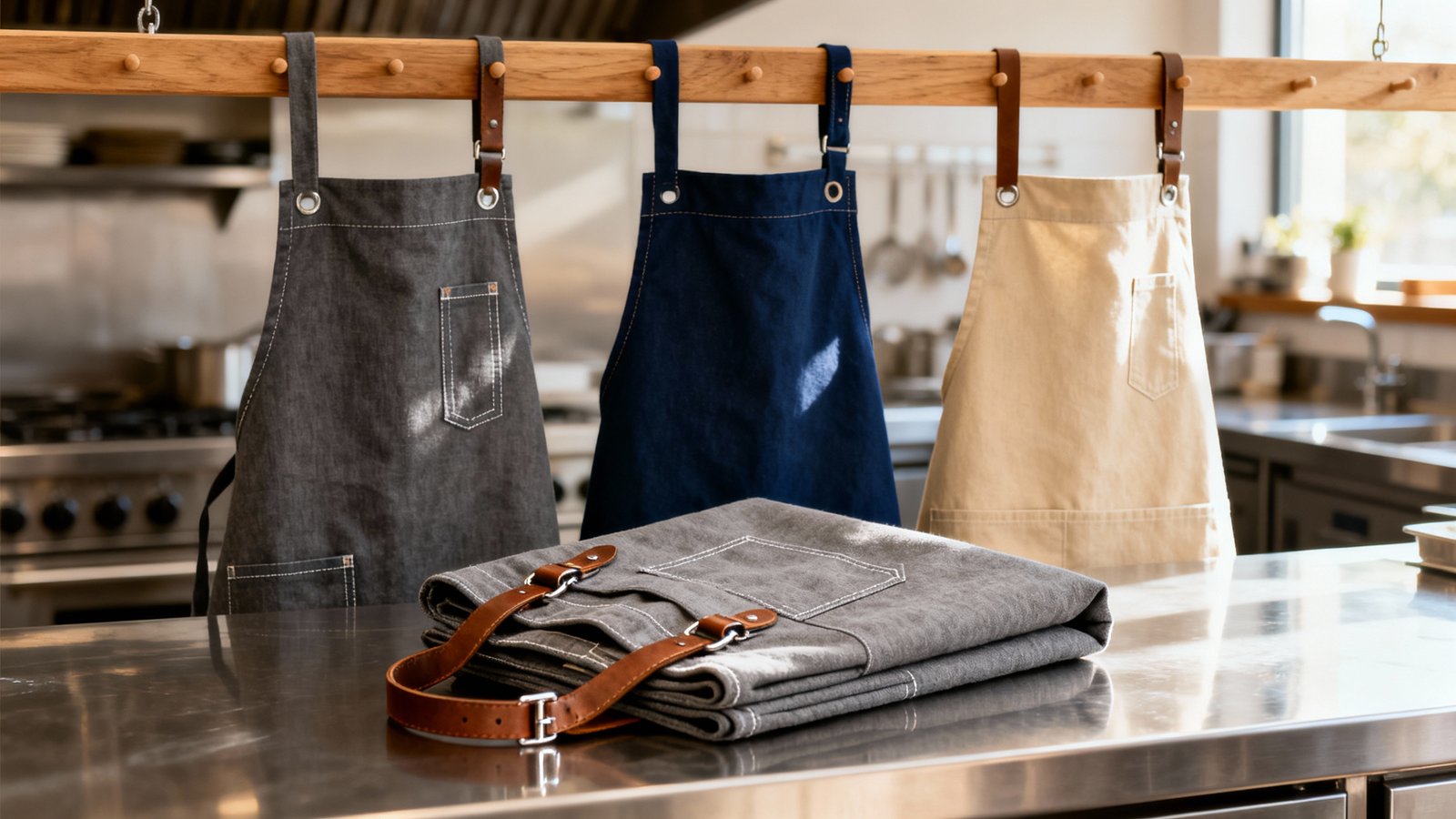 Mehrere hochwertige Kochschürzen in neutralen Farben hängen an Holzhaken über einer Edelstahlfläche, Stoffstruktur und Details gut sichtbar