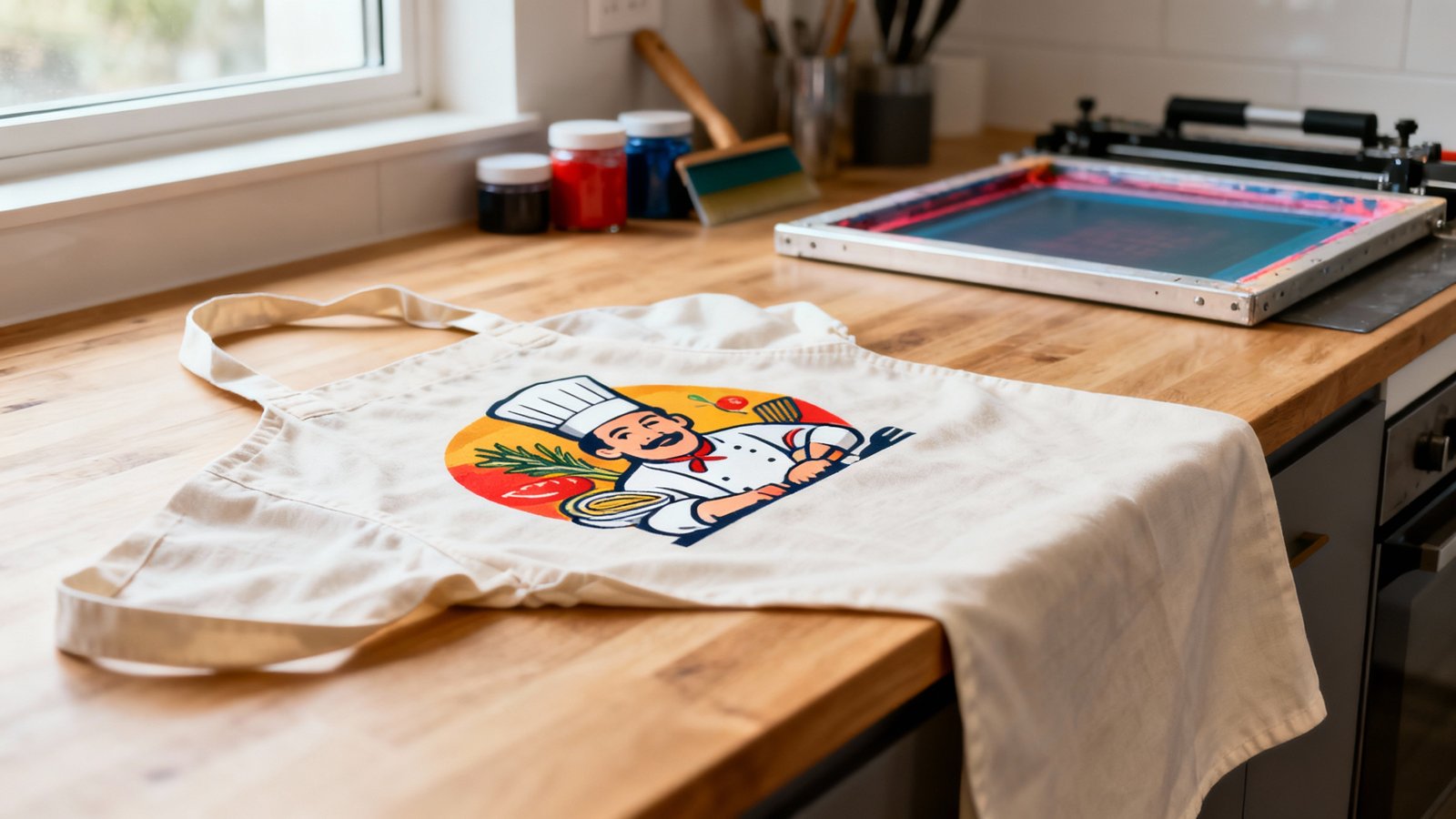 Hochwertige Kochschürze mit individuellem Druck Helle Baumwoll-Kochschürze mit farbigem Druckmuster auf Holzplatte, Druckwerkzeuge unscharf im Hintergrund