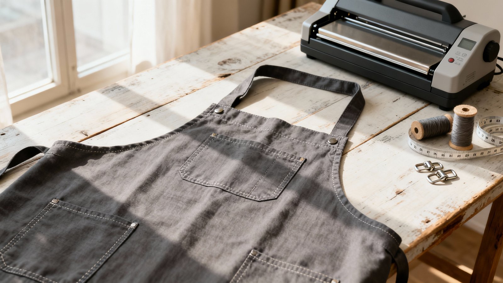 Grau-braune Baumwoll-Latzschürze auf hellem Holztisch neben Tisch-Druckpresse, Garnrollen und Metallverschlüssen bei natürlichem Fensterlicht