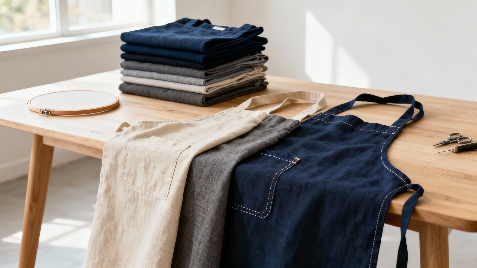 Verschiedene Baumwoll- und Canvas-Schürzen gefaltet auf hellem Holztisch, Fokus auf Stoffstruktur und Nahtdetails