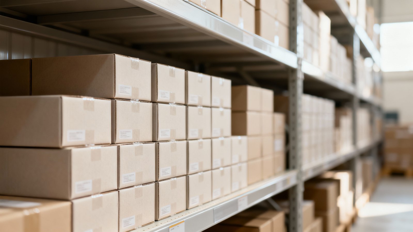 Regal mit gleichmäßig gestapelten identischen Produktverpackungen in sauberer, natürlich beleuchteter Lagerumgebung