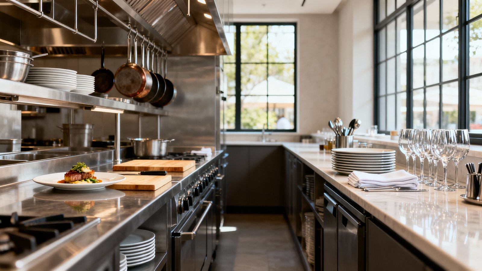 Breites, fotorealistisches Bild: links eine saubere Profi-Küche mit angerichteten Tellern, rechts ein ordentlicher Servicebereich mit Geschirr und Gläsern