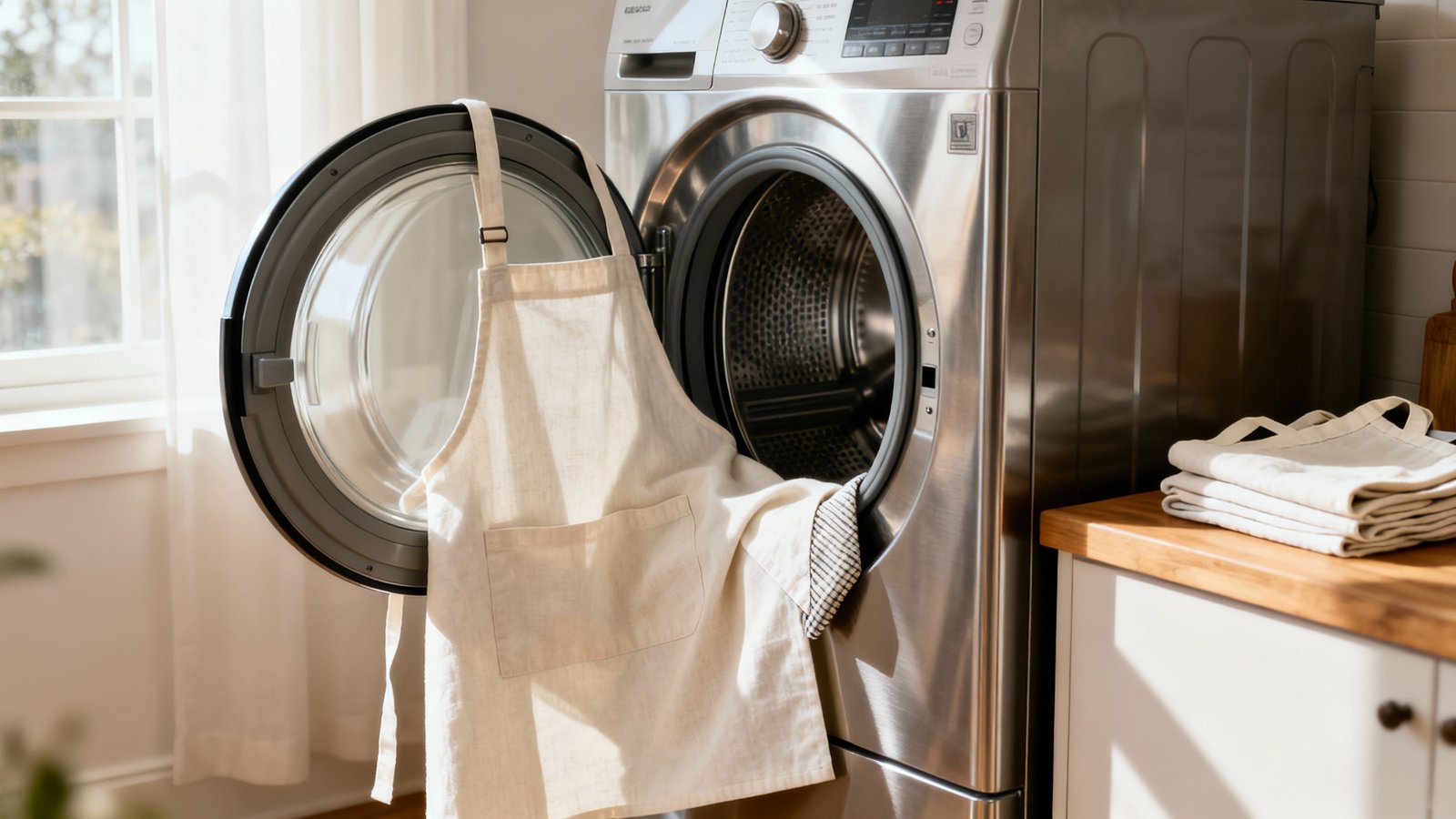 Offener Frontlader mit sauber drapierter Küchenschürze auf der Tür bei warmem Tageslicht