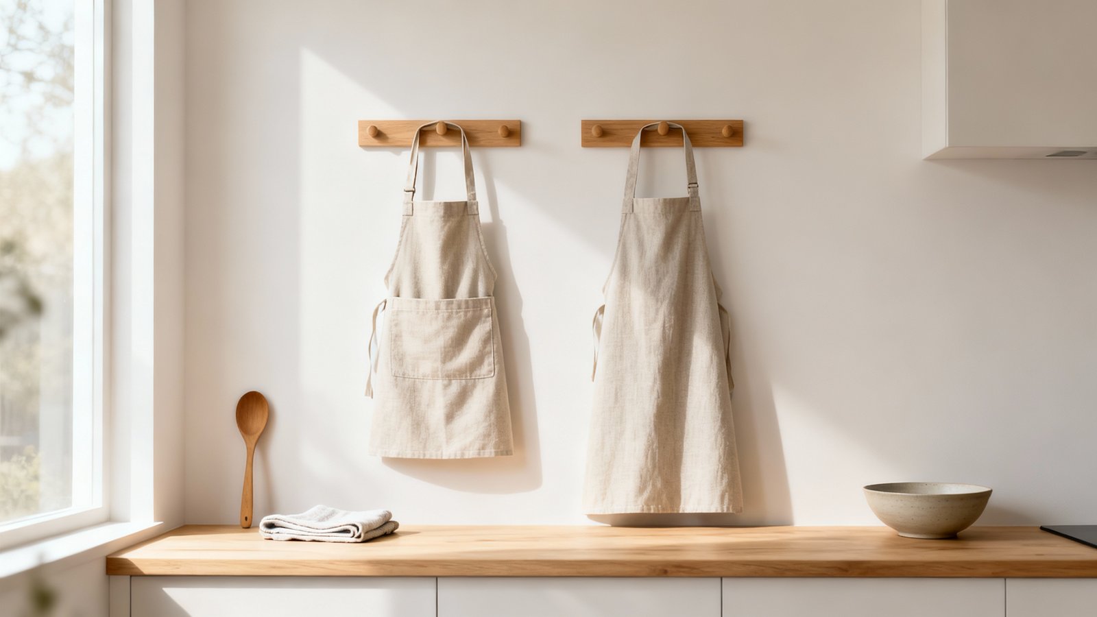Zwei Schürzen unterschiedlicher Länge liegen nebeneinander auf heller Holztheke in sauberer Küche zur Gegenüberstellung