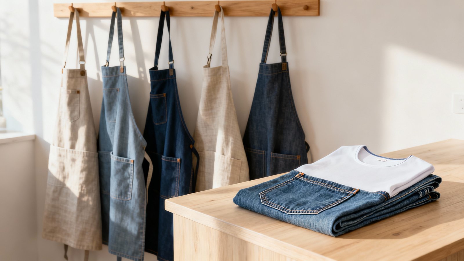 Latzschürzen aus Denim und Leinen hängen in einer hellen Profi-Umgebung, Nahaufnahme von Tasche und unbedruckter Brustfläche