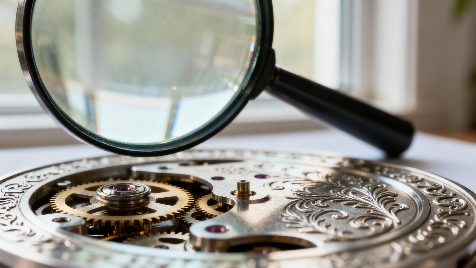 Makroaufnahme einer Lupe über einer fein gravierten Metalloberfläche mit klaren Texturen und natürlichem Licht