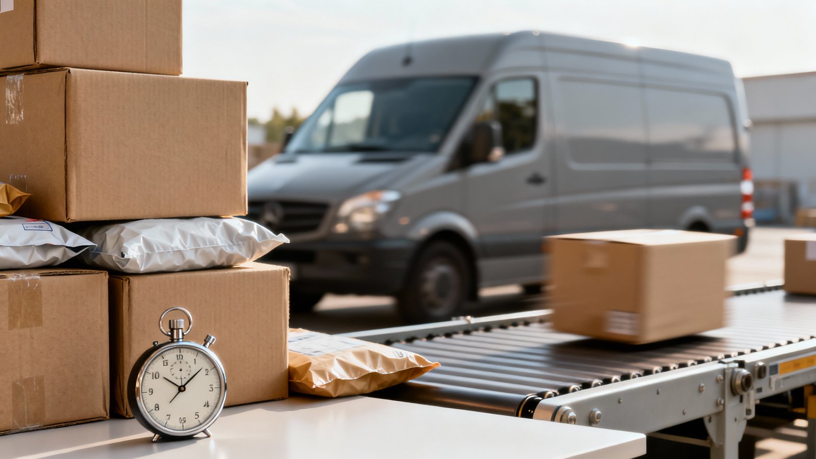 Pakete auf einem Sortierband mit sichtbarer Uhr und gestoppter Sendung, unscharfer Lieferwagen im Hintergrund, keine Personen
