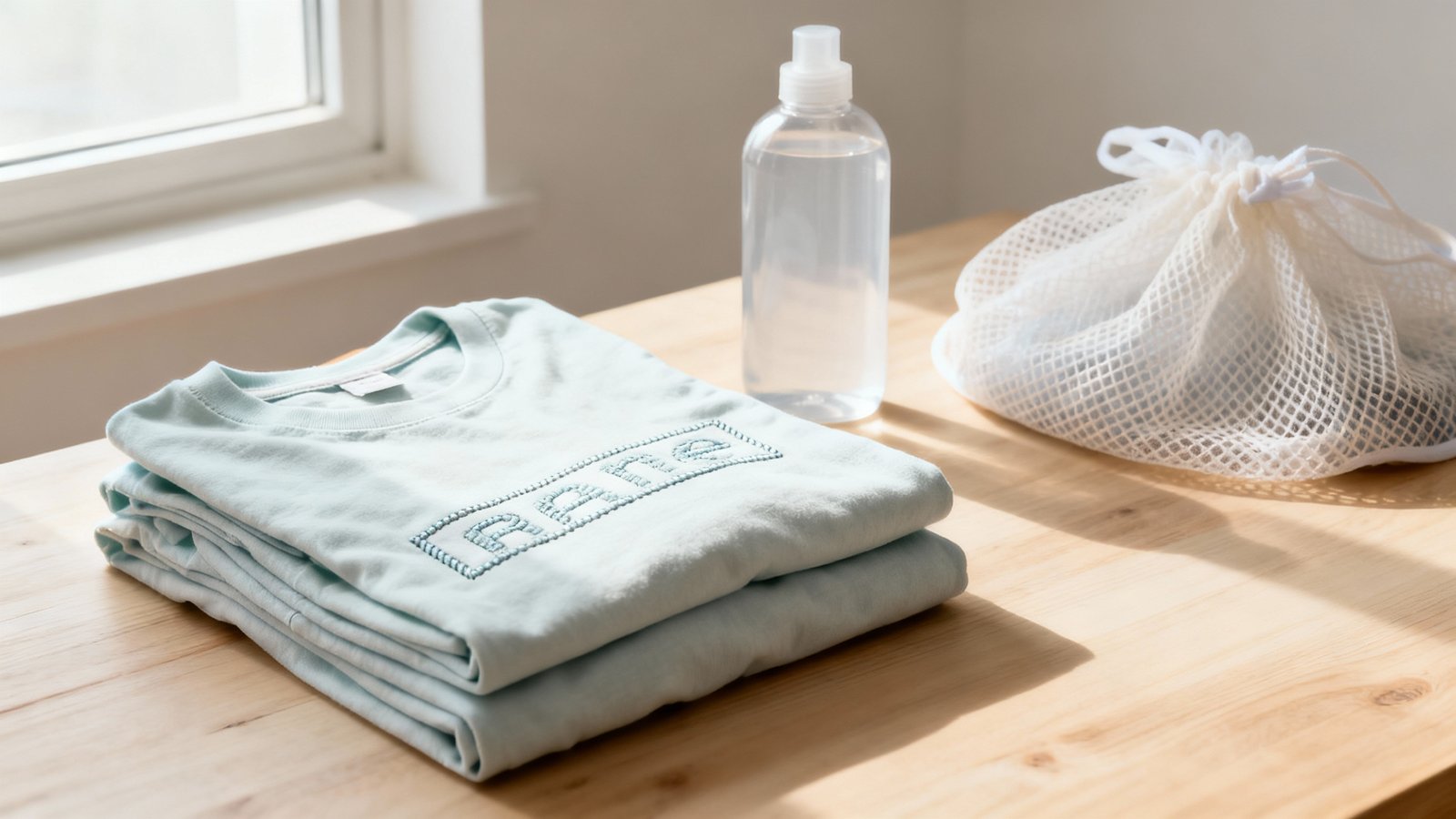 Gefaltete T-Shirts mit Druck und Stickerei, Mesh-Waschbeutel und Feinwaschmittel auf hellem Holz bei natürlichem Licht