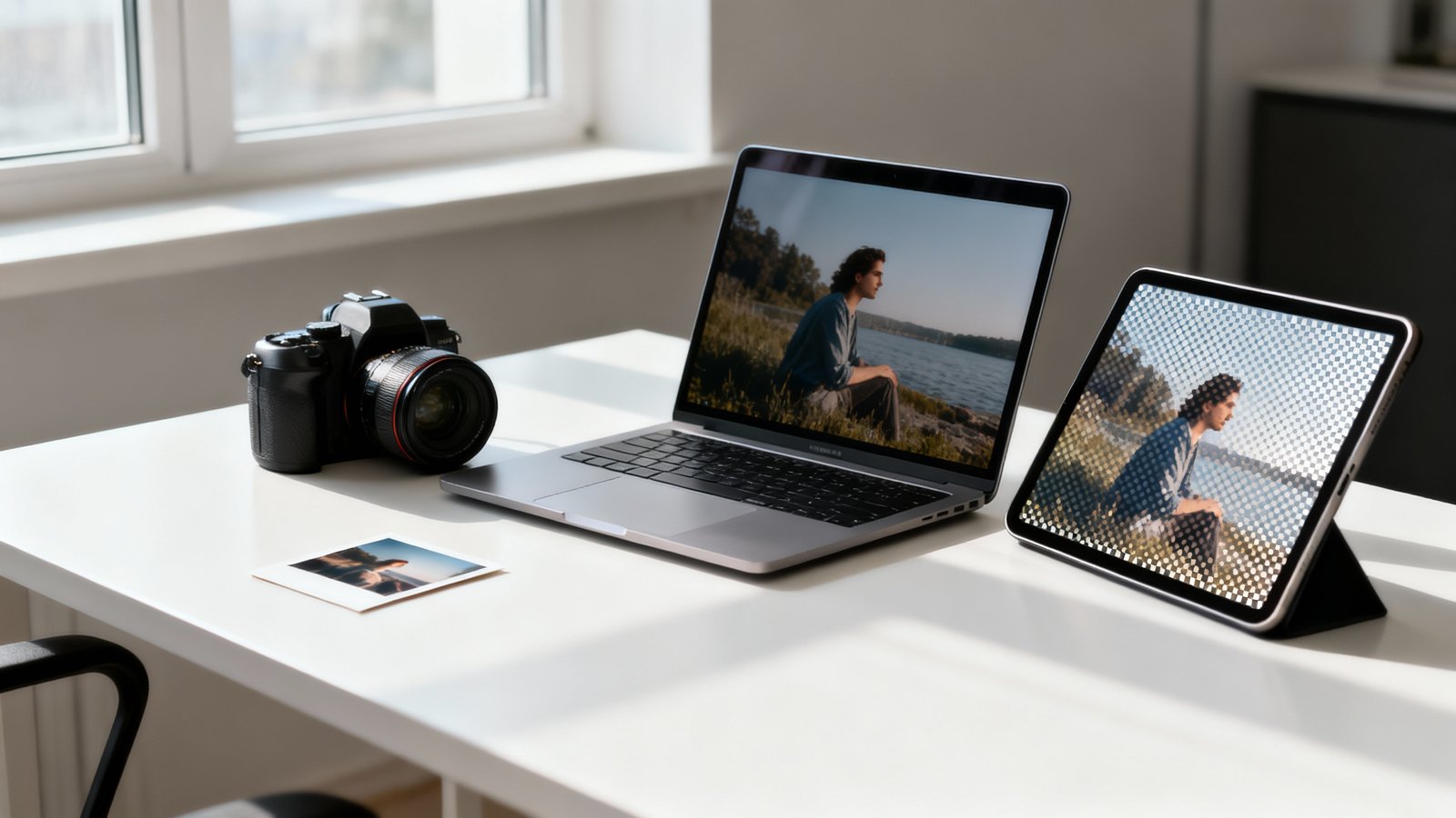 Rasterbilder: Bildschirm- und Druckvergleich Moderner Schreibtisch mit Kamera, Laptop und Tablet zeigt hochauflösende Fotodatei und leicht verpixelte Version im Vergleich