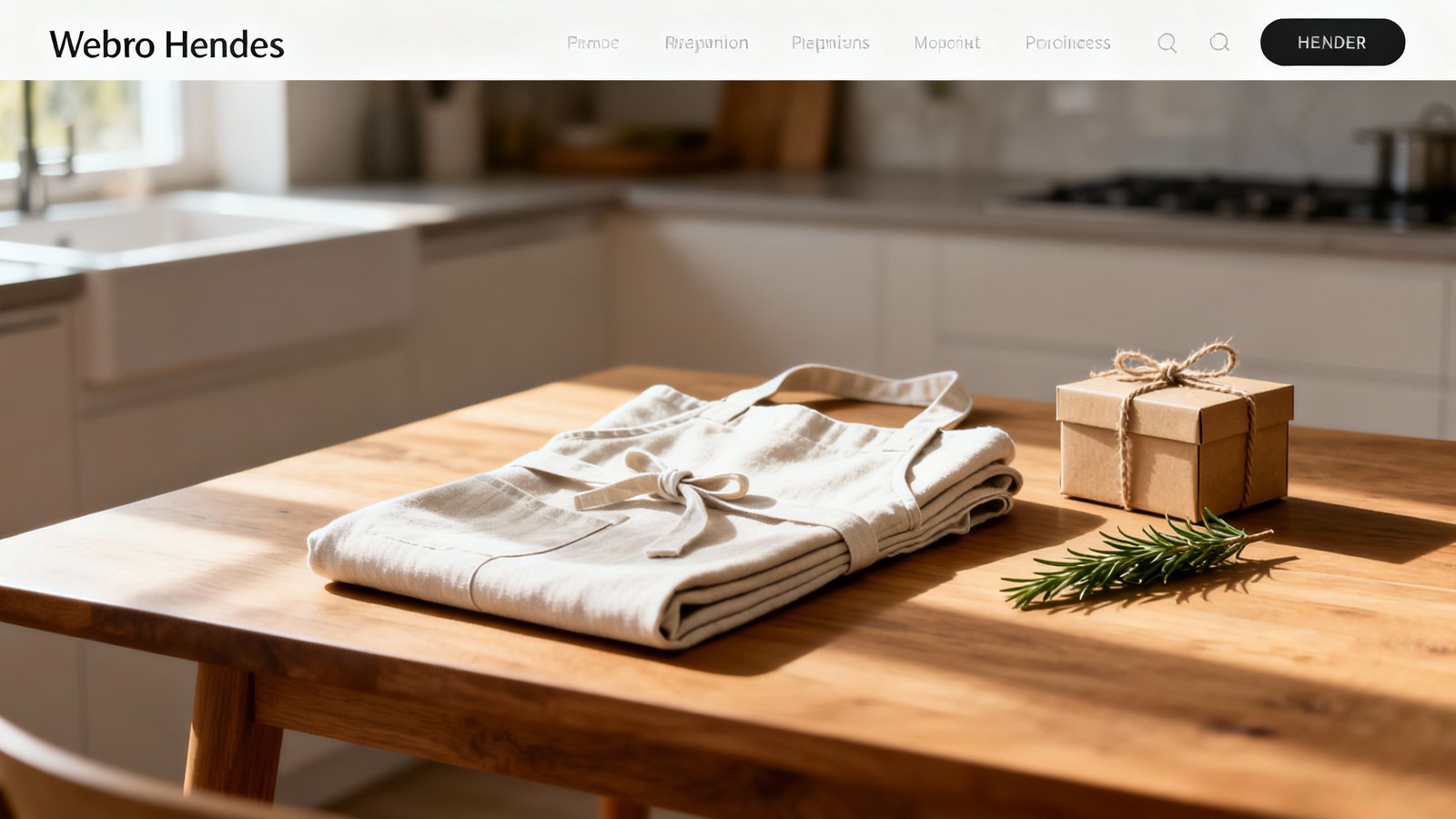 Schöne Schürze liebevoll als Geschenk präsentiert Baumwollschürze neben einer Geschenkbox mit Juteschnur auf Holztisch, natürliches Licht, unscharfer Küchenhintergrund