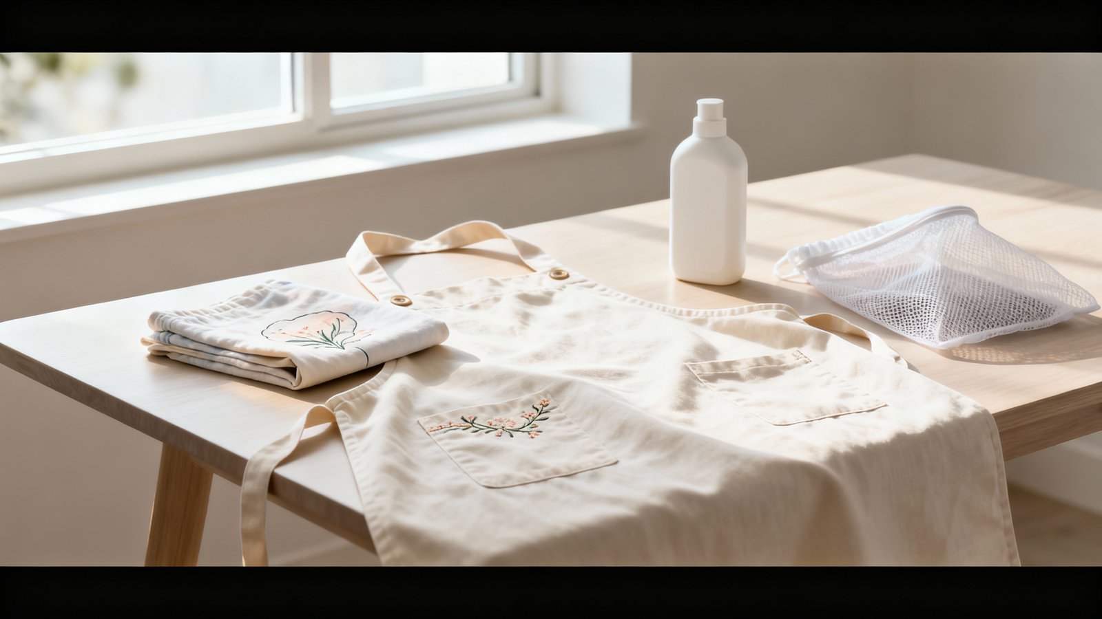 Verschiedene Schürzen auf hellem Holztisch, schonend gefaltet neben Feinwaschmittel und Wäschenetz, sichtbare Stickerei und Druckdetails