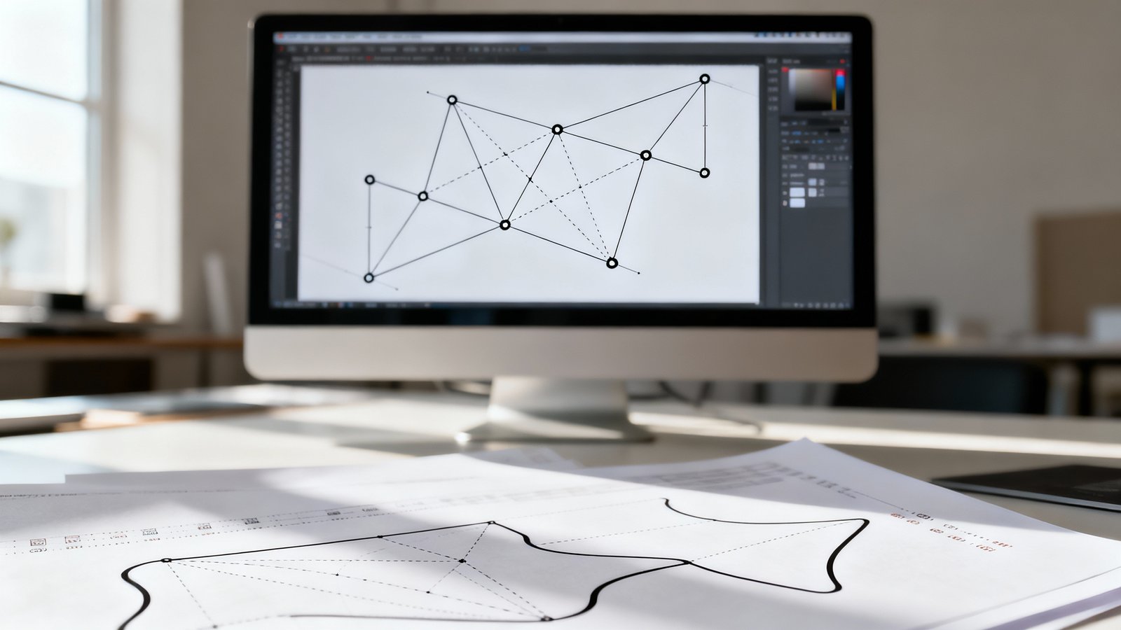 Schriften in Pfade umwandeln – Gründe und Praxis Moderner Arbeitsplatz mit Monitor, der schematische Vektorpfade und Ankerpunkte zeigt, sowie gedruckte Seiten mit Konturschnitten im Vordergrund